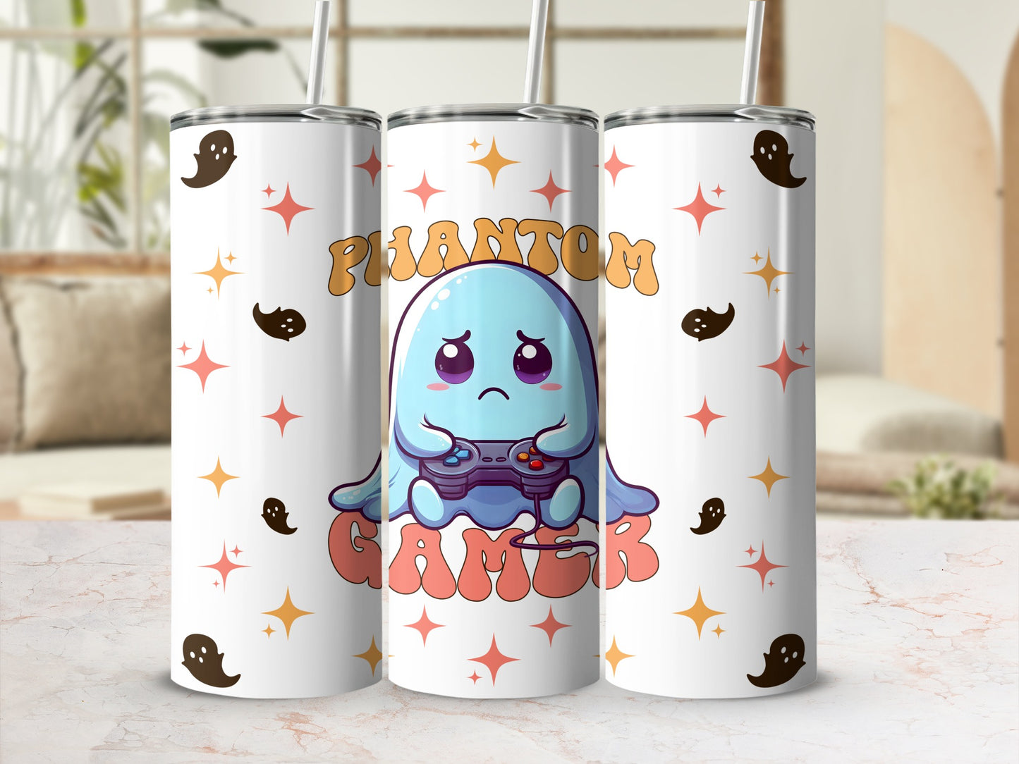 Cute ghost holding a video game controller, "Phantom Gamer" text.