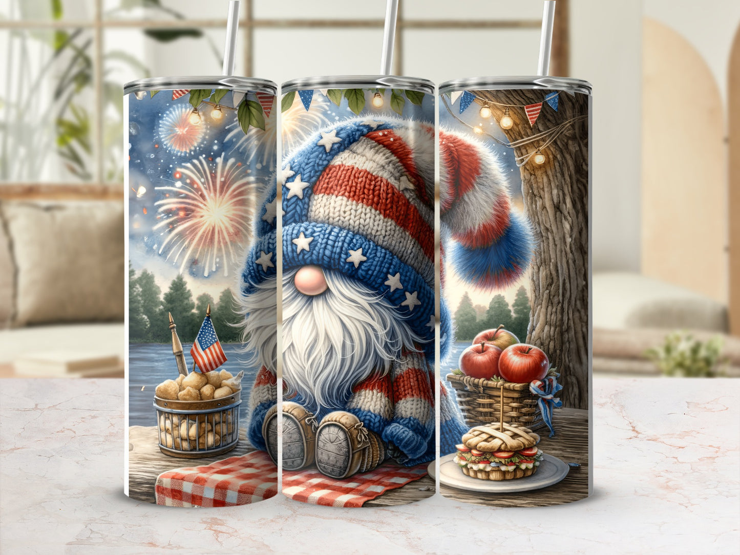 Gnome in patriotic attire holding a sandwich, surrounded by fireworks and picnic items.
