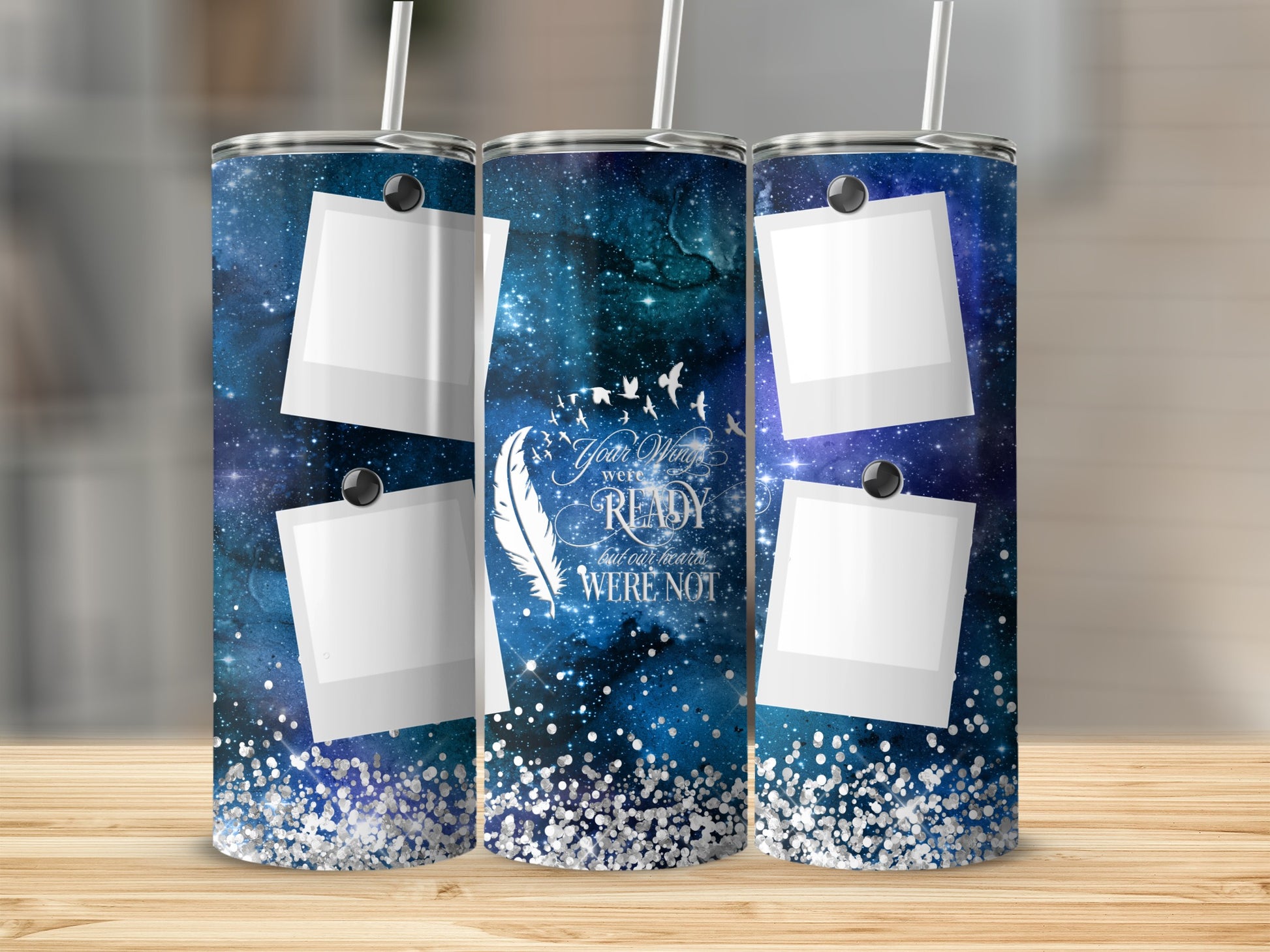 Three tumblers with a galaxy design and quote about wings.