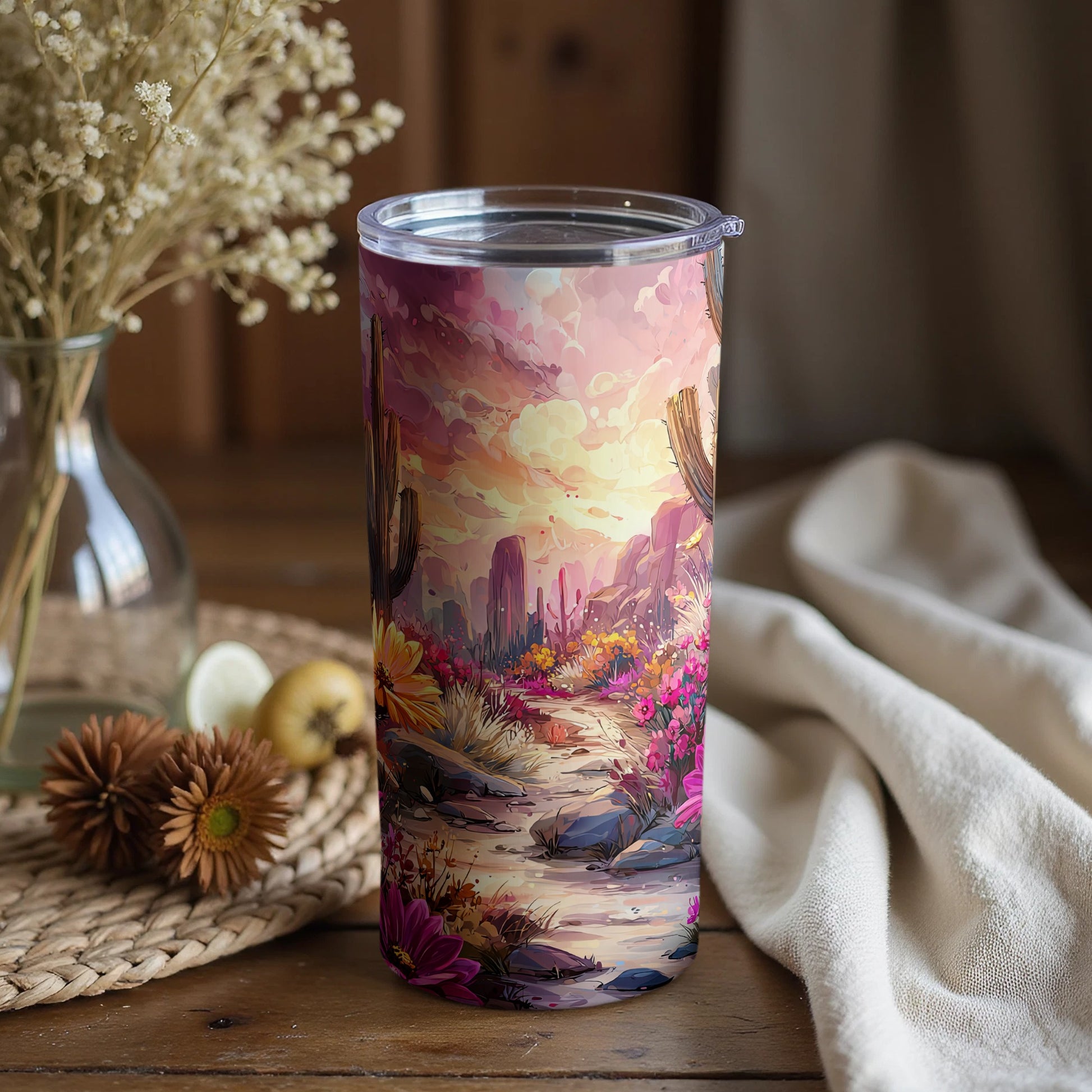 Sunset Desert Oasis Scenic Tumbler with Lid