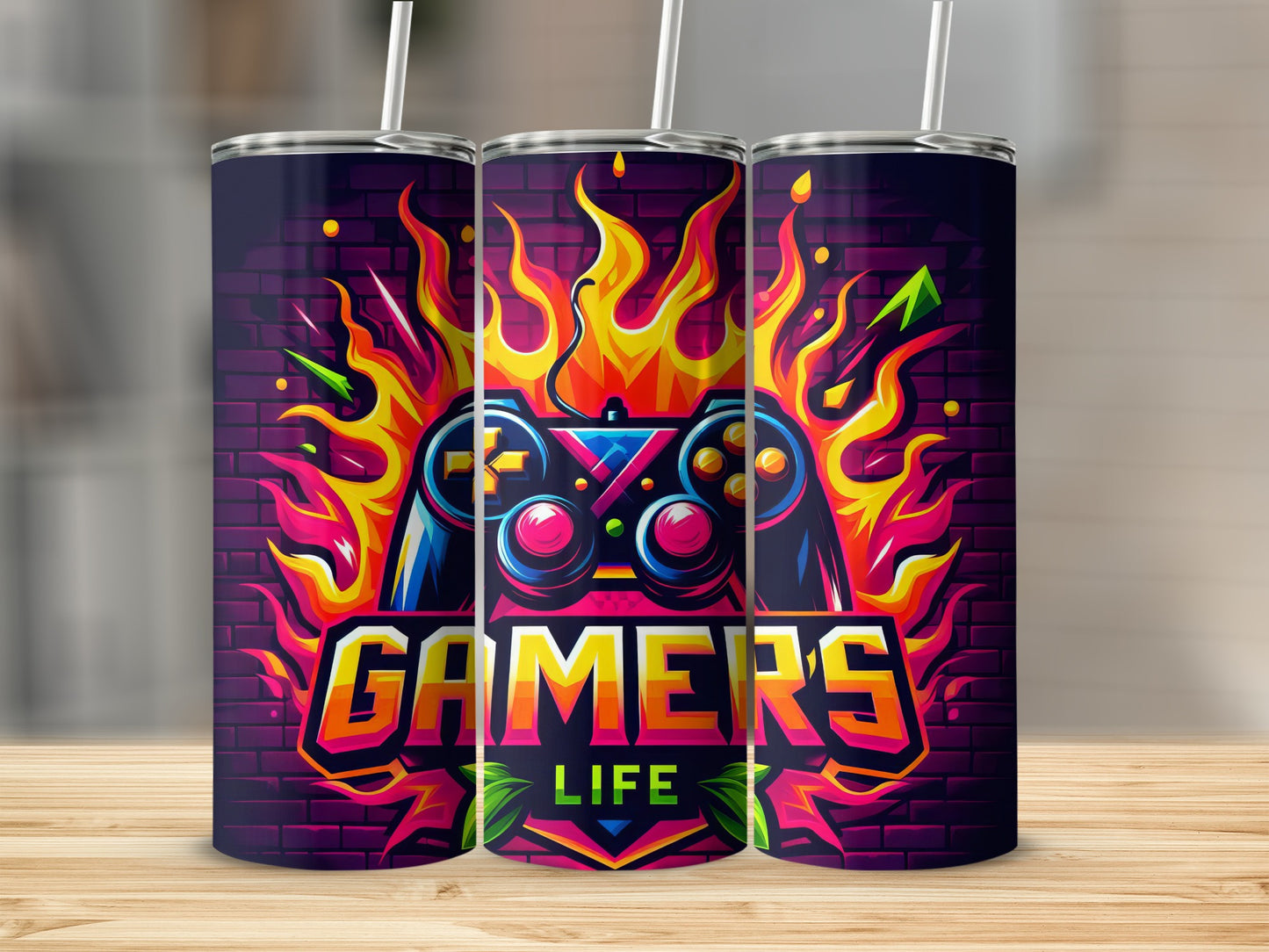 Gamer's Life controller with flames on a brick background.