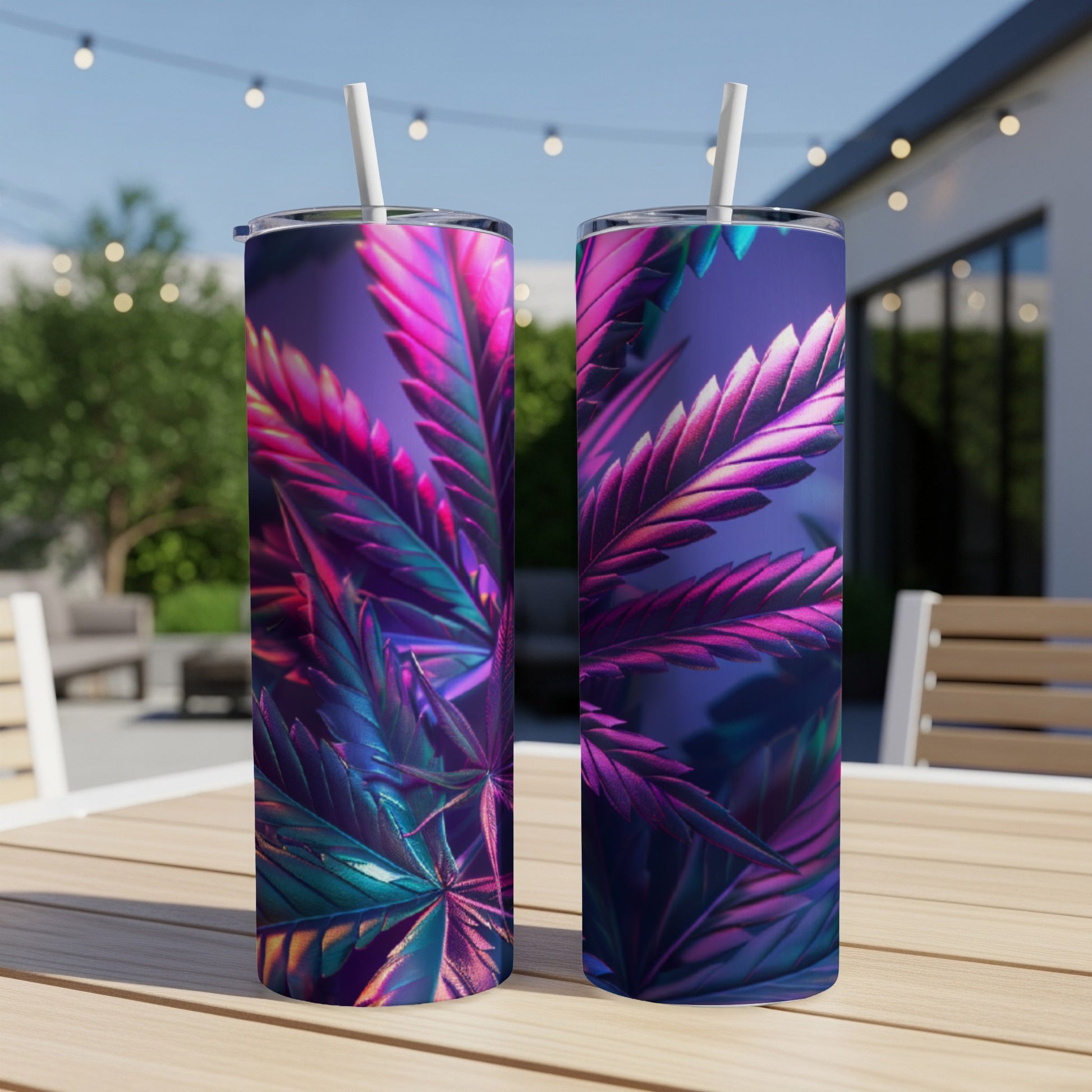 Two tumblers with vibrant purple and green cannabis leaf design.