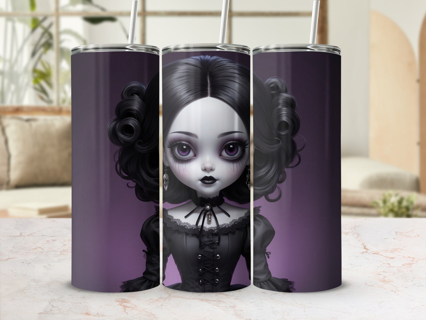 Gothic doll tumbler with spooky details and dark curly hair.