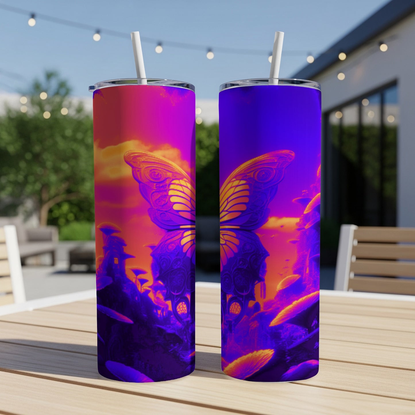Two tumblers with butterfly wing design and surreal landscape.