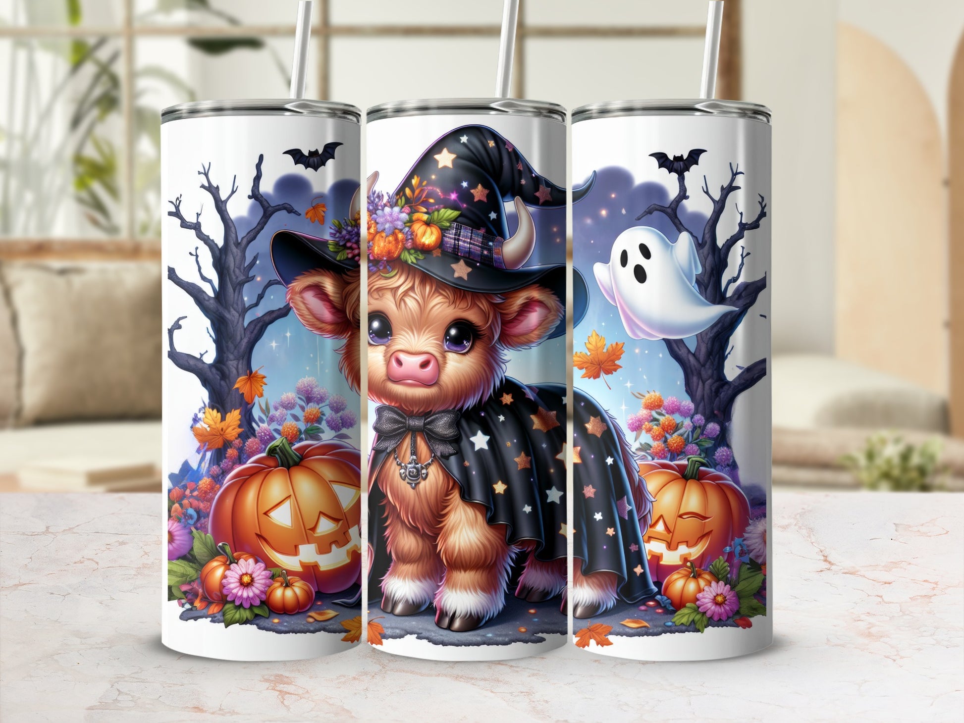 Halloween cow in witch hat with pumpkins and ghost.