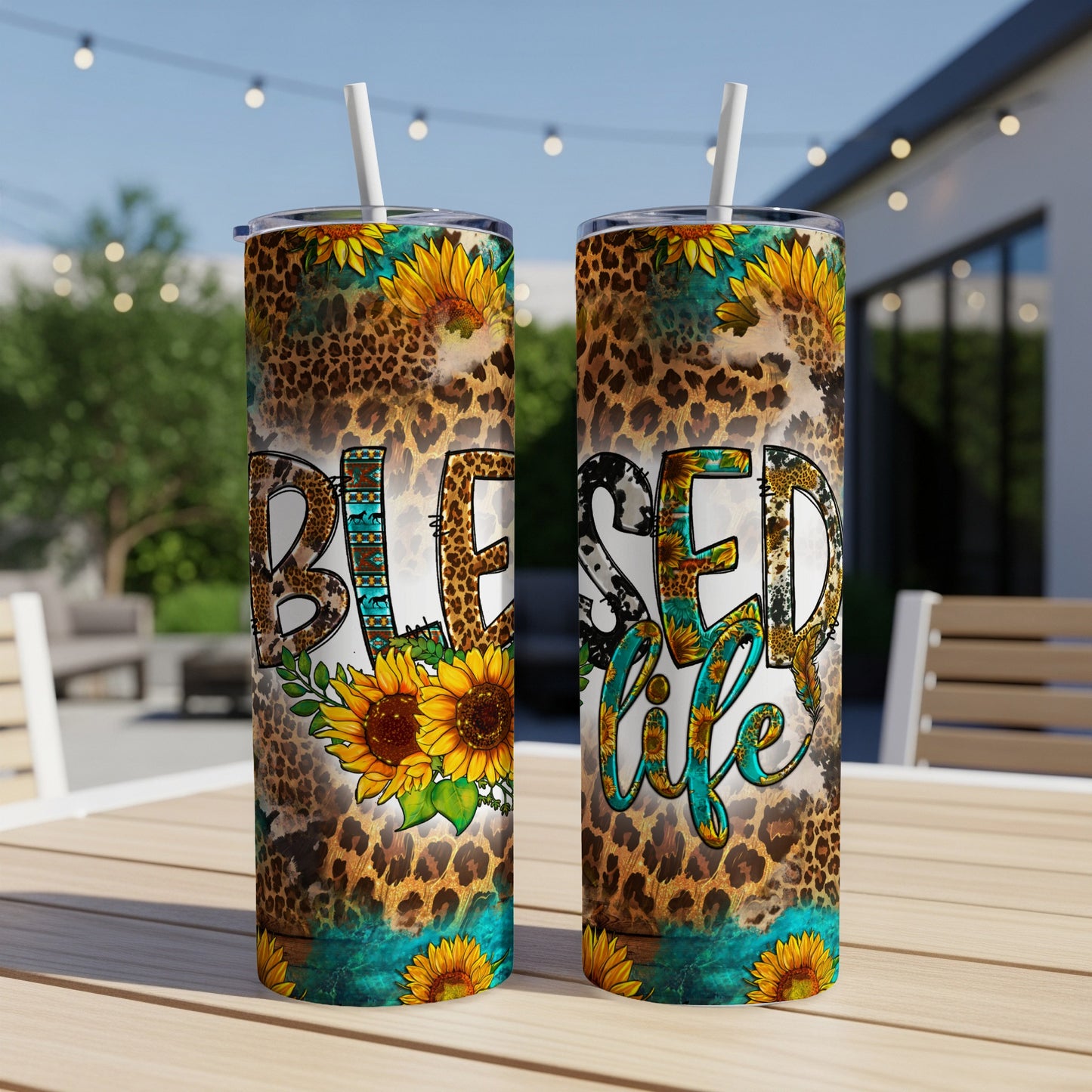 Two tumblers with leopard print, sunflowers, and "Blessed Life" text.