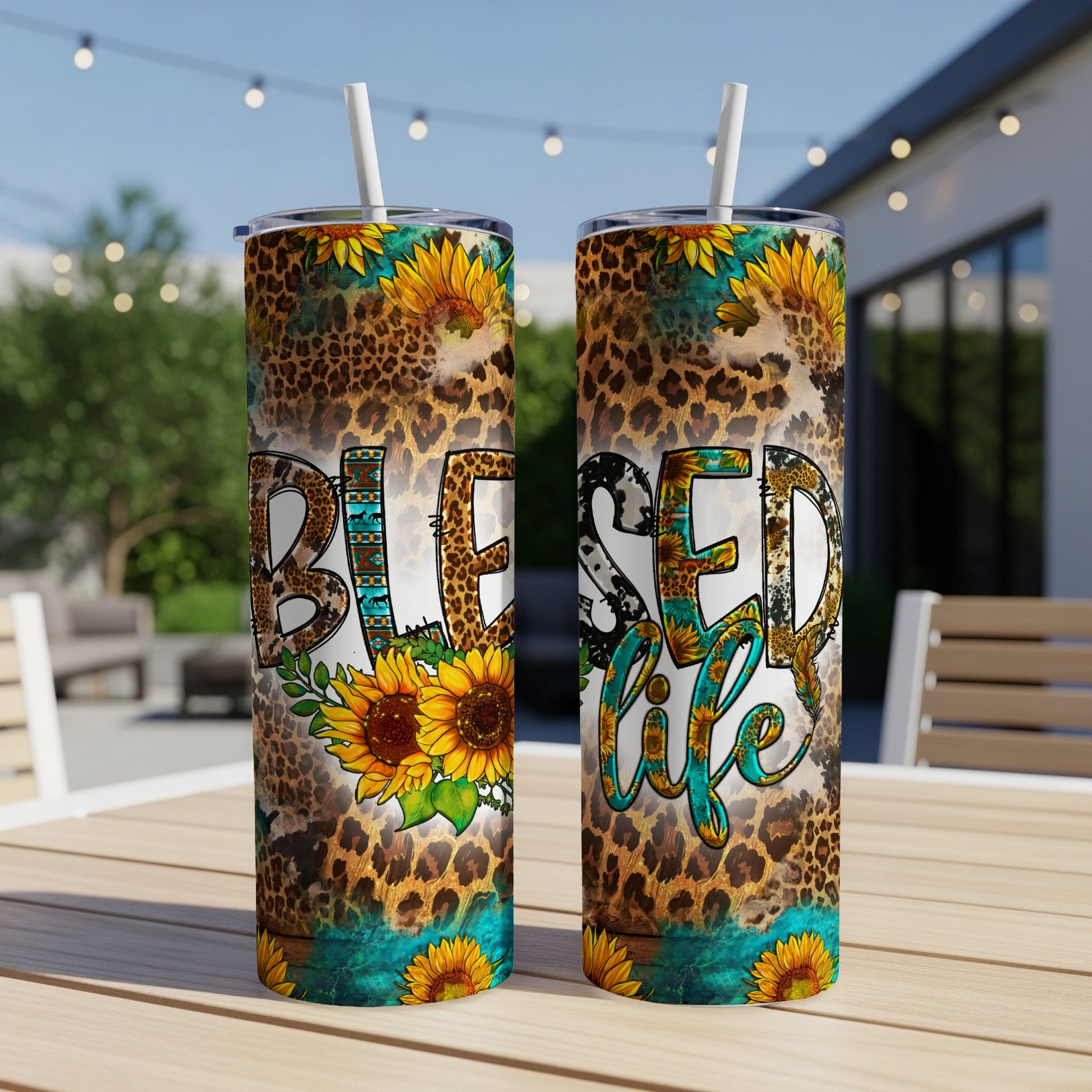 Two tumblers with leopard print, sunflowers, and "Blessed Life" text.