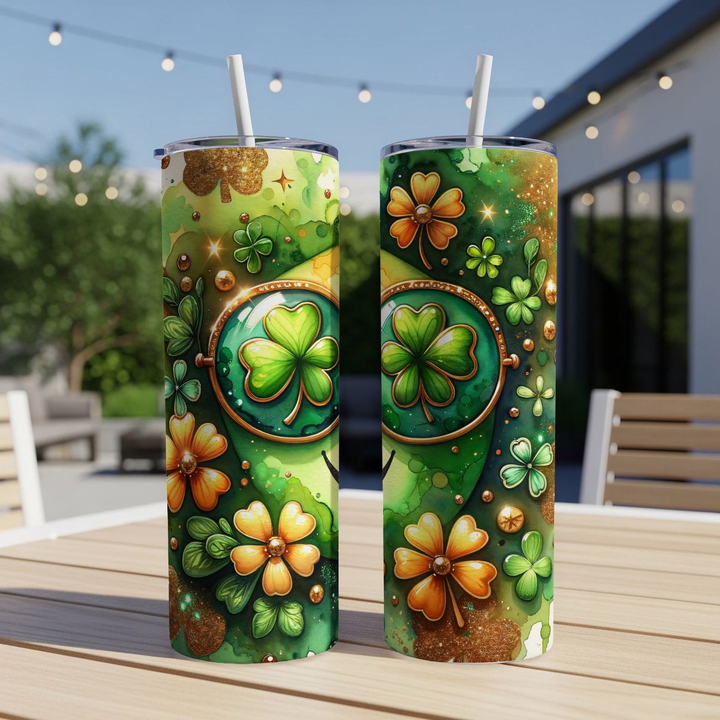 Two Saint Patrick's Day themed tumblers with shamrocks and glitter.