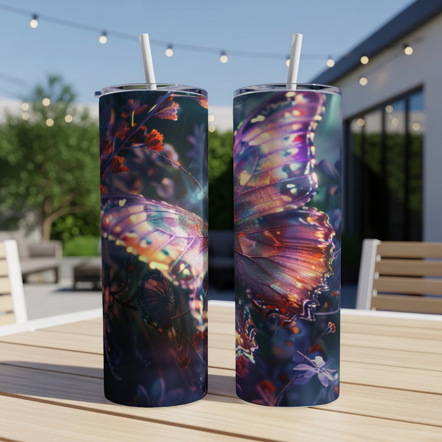 Two tumblers featuring iridescent butterfly wings against a dark floral background.