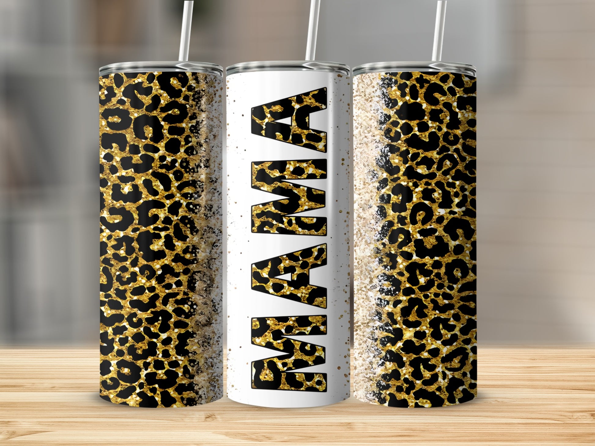 Mama tumbler with leopard print and gold glitter design.