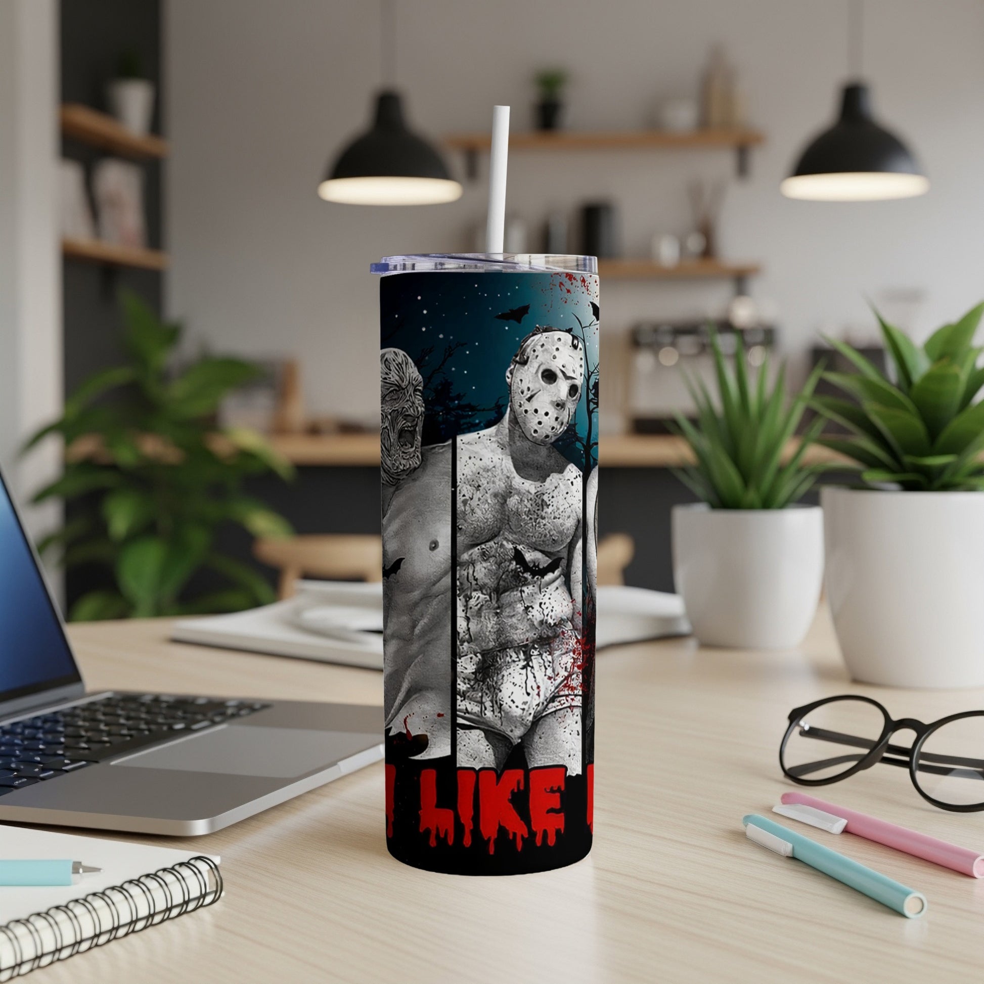 Tumbler featuring horror movie characters and bloody text.