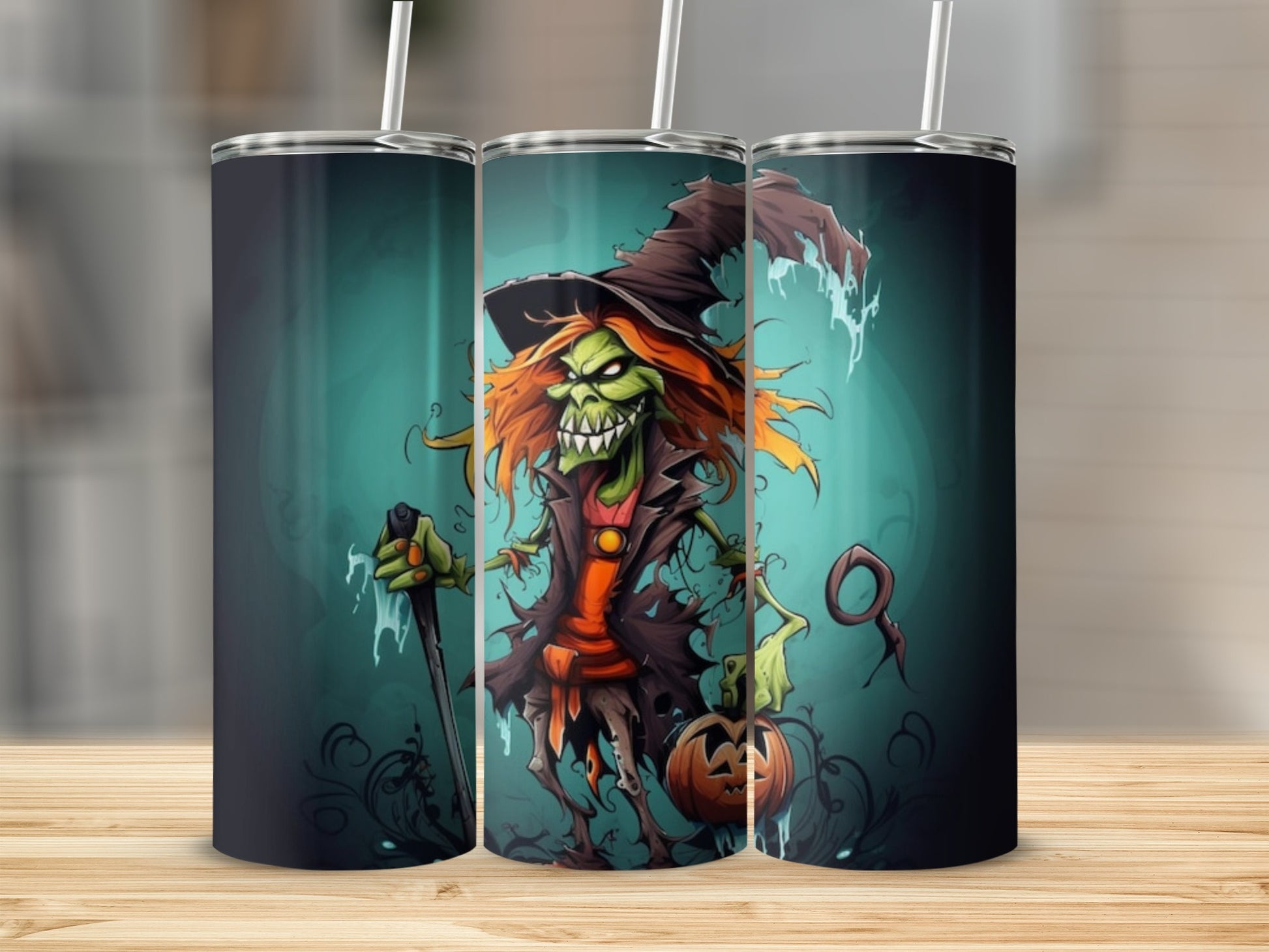 Halloween Witch Scary Pumpkin and Broom Design Tumbler