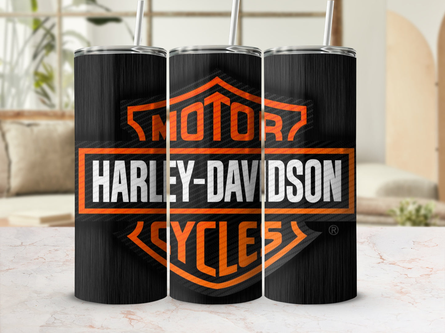 Three tumblers with the Harley-Davidson Cycles logo on a black carbon fiber design