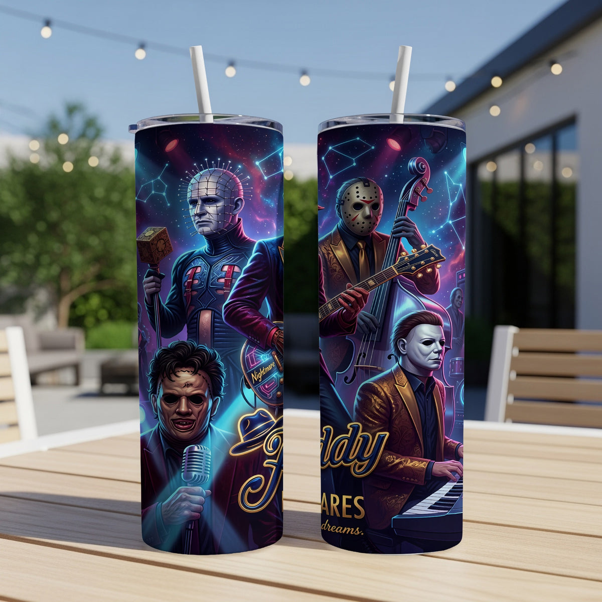 Horror movie characters in suits play instruments on a starry background.