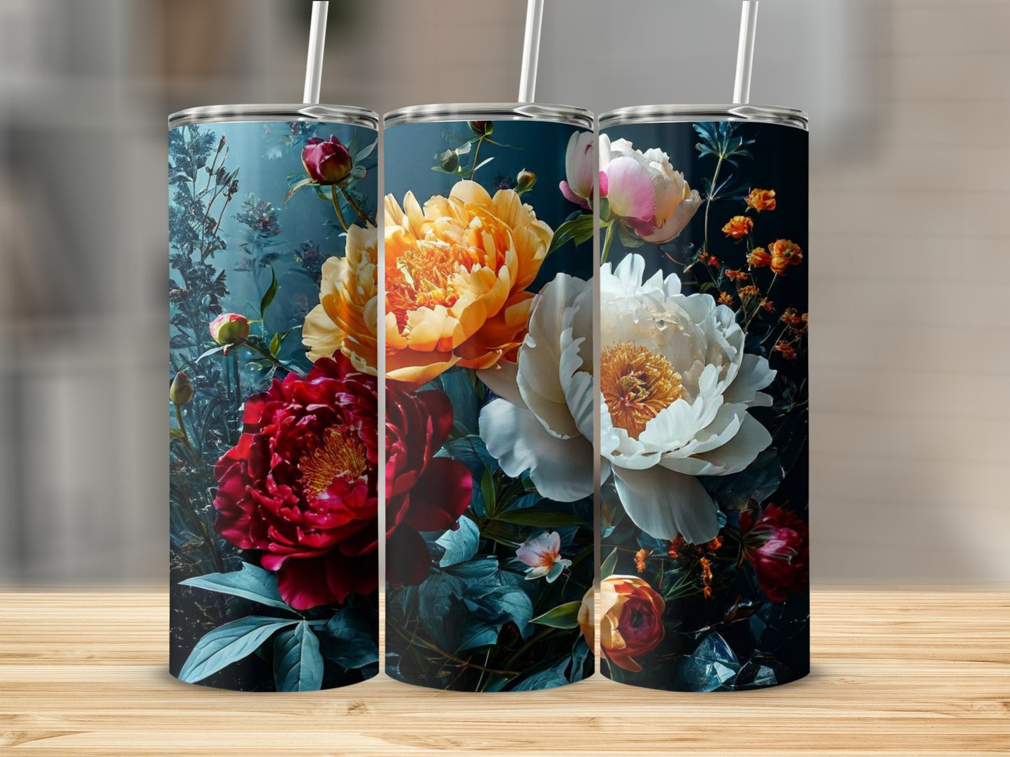 Three tumblers with vibrant floral designs, featuring peonies and dark foliage.