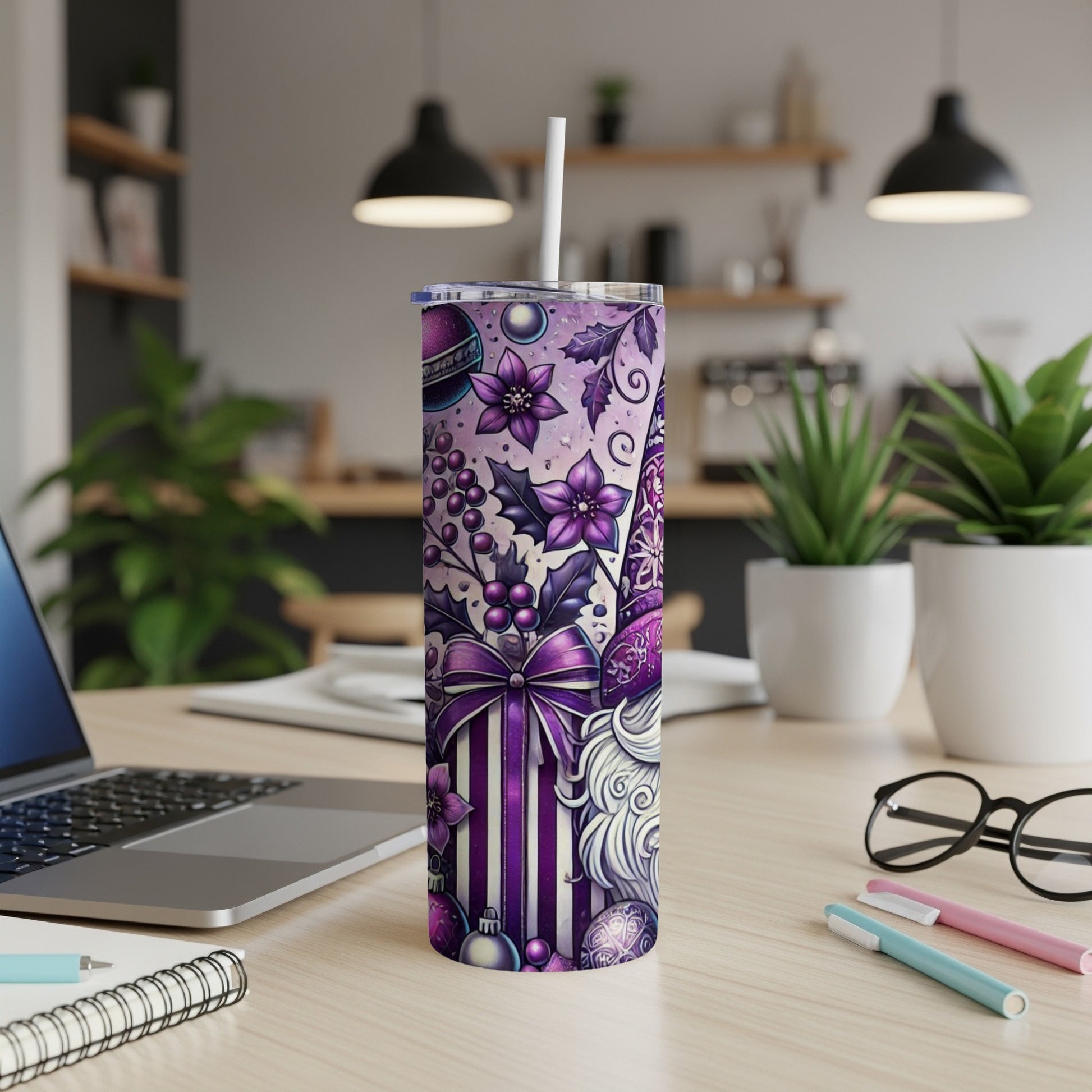 Purple tumbler with gnome, ornaments, and striped gift design.
