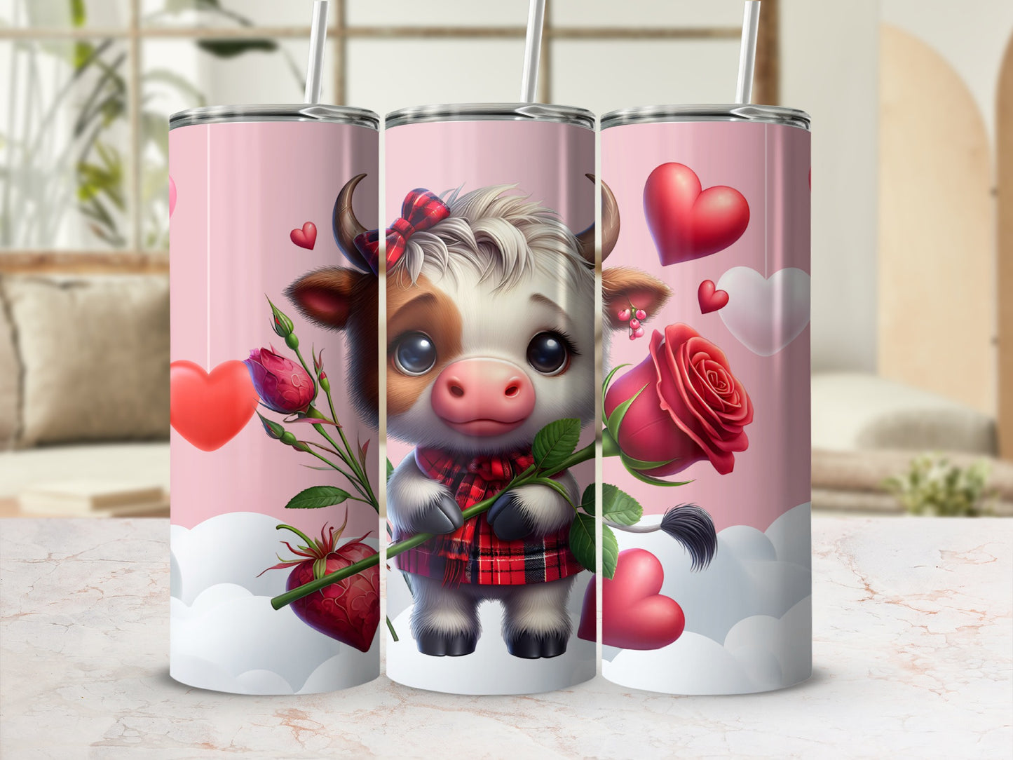 Adorable Cow with Roses Hearts Design Tumbler