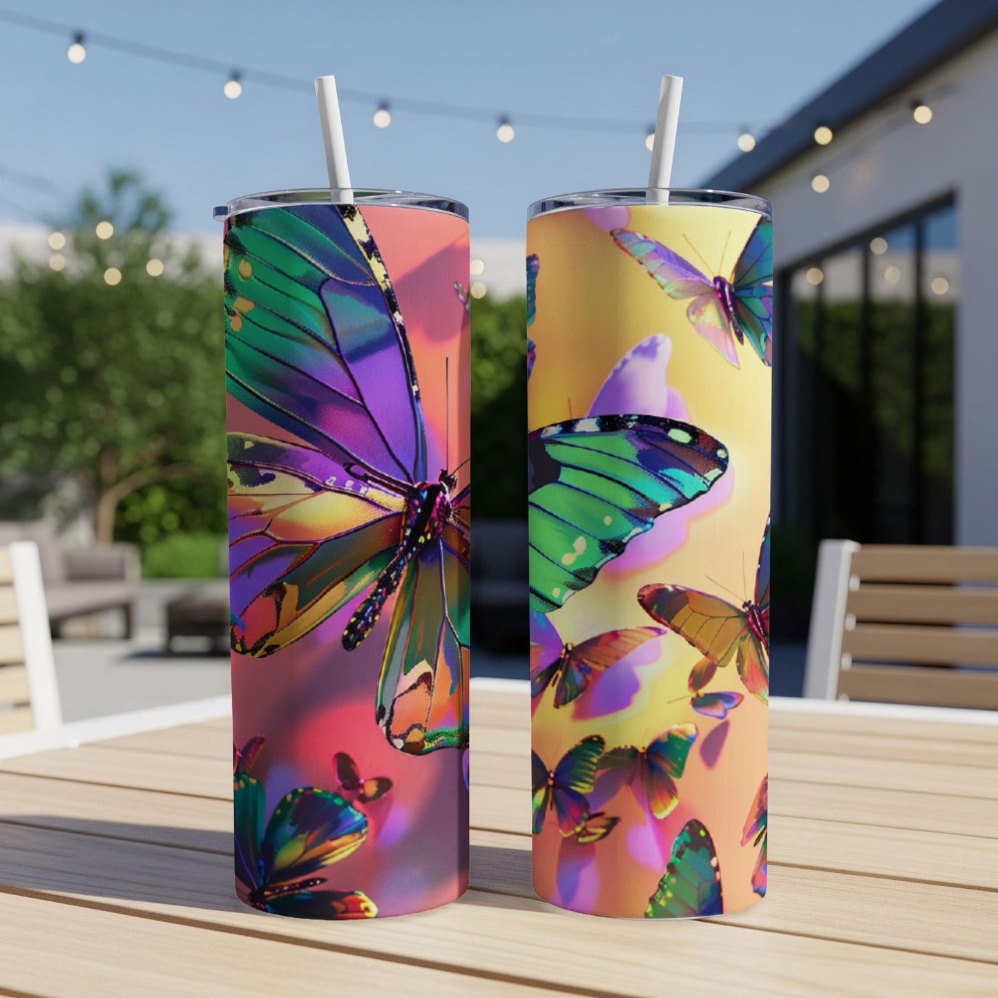Two tall tumblers with iridescent butterfly designs sit on a table.