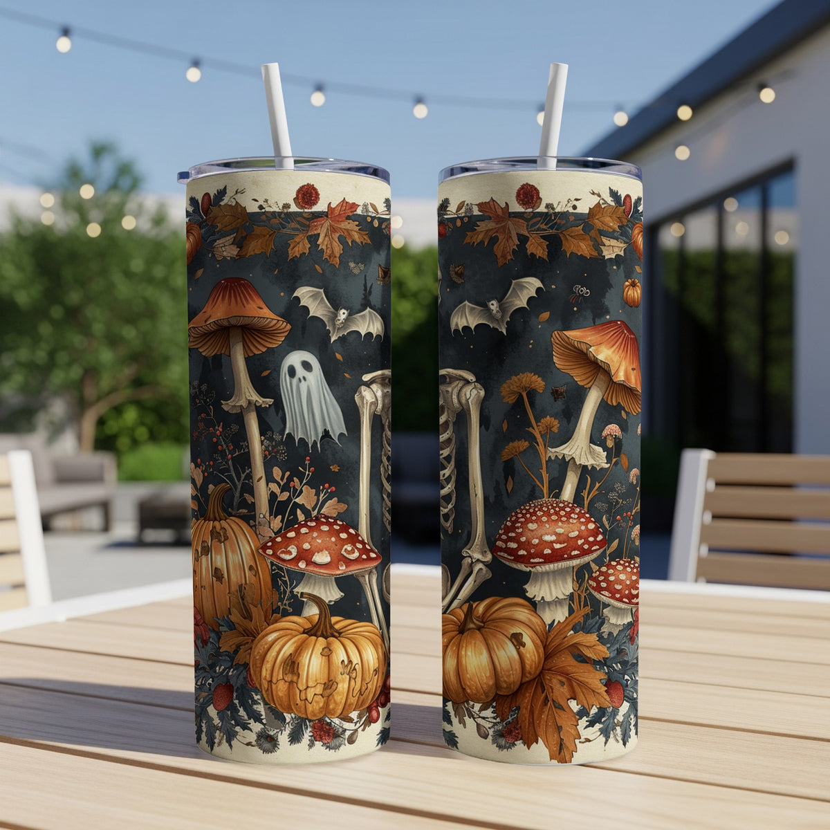 Halloween tumblers with pumpkins, ghosts, bats, skeletons, mushrooms, and autumn leaves.