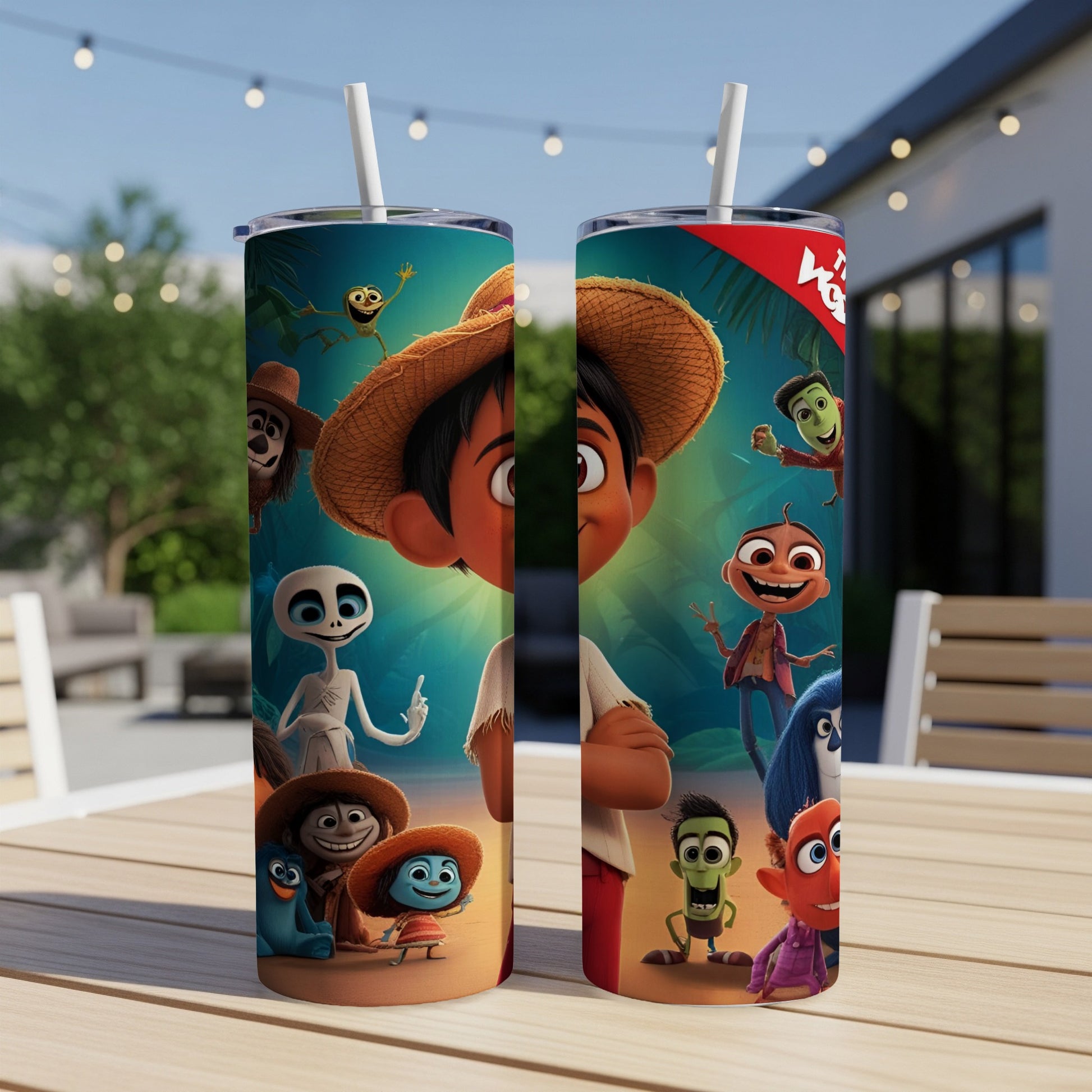 Two tumblers featuring a boy in a straw hat surrounded by cartoon characters.