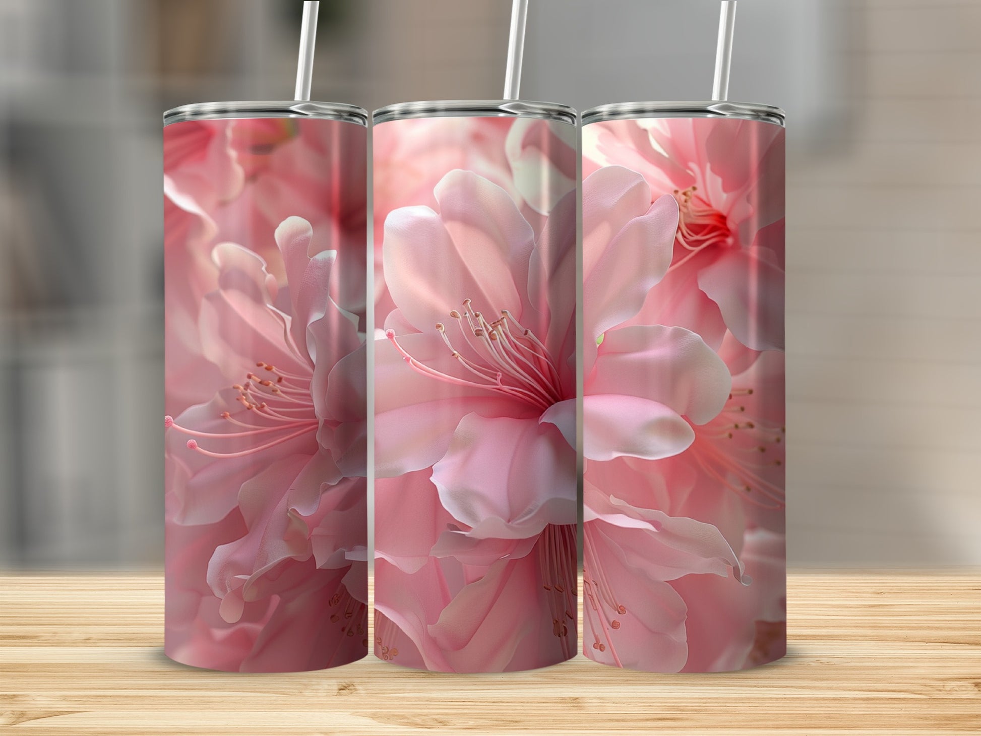 Three tumblers featuring a close-up of pink azalea blossoms.