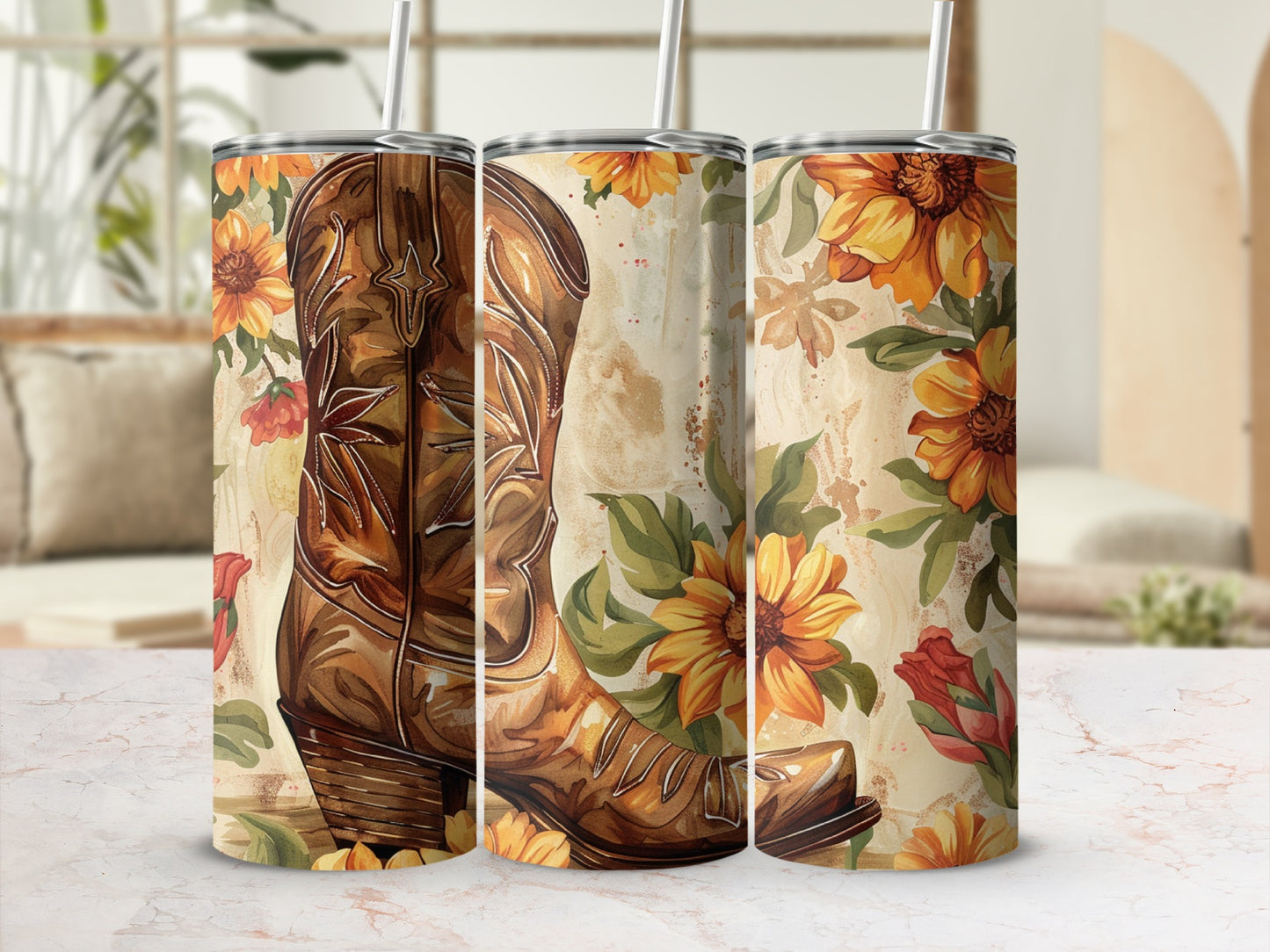 Brown cowboy boot with sunflowers and floral accents.