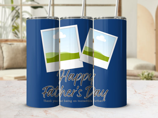 Three blue tumblers with "Happy Father's Day" and photo frames.