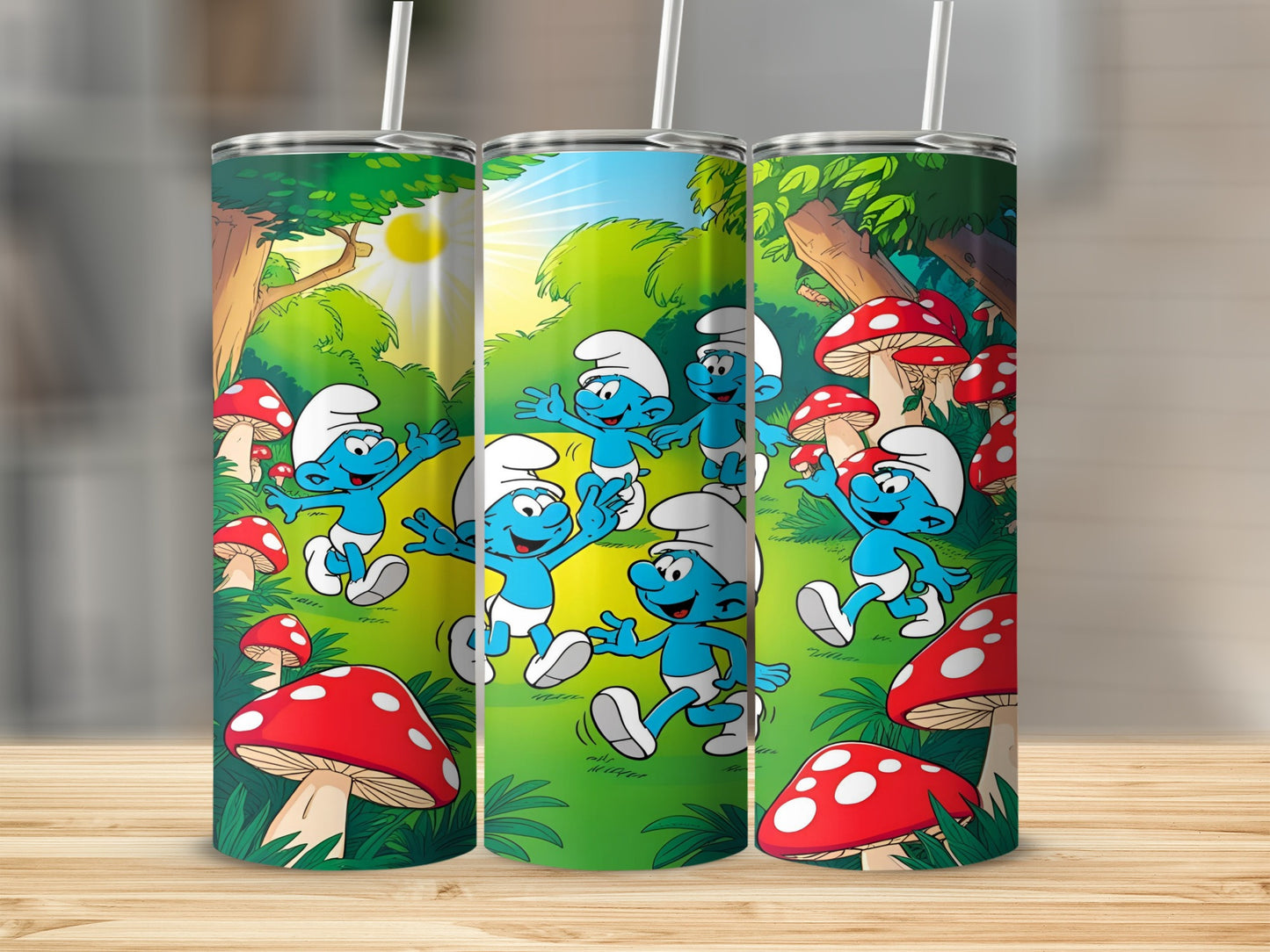 Smurfs dancing and running through a forest with mushrooms.