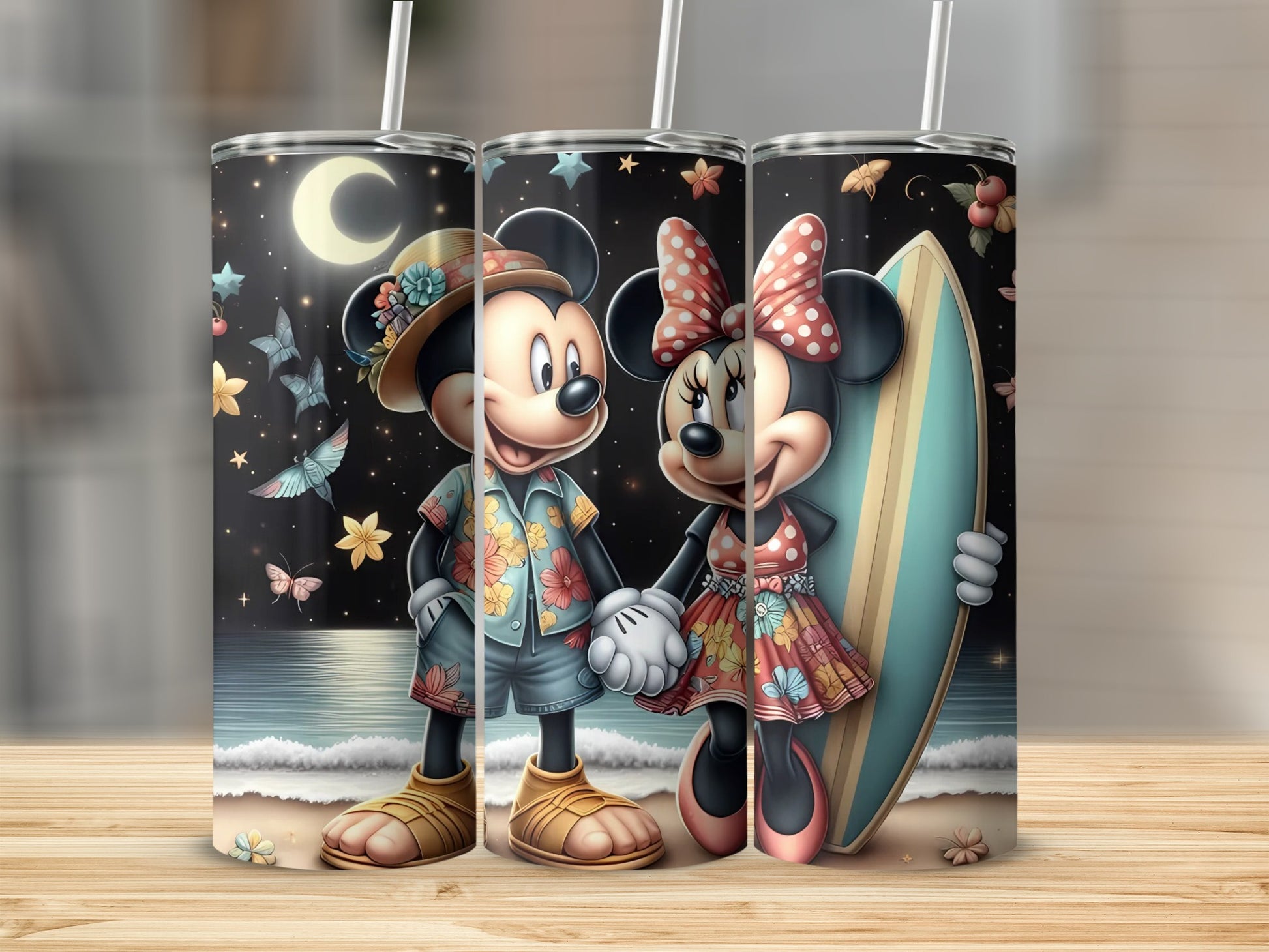 Mickey and Minnie Beach Scene Tumbler with Straw