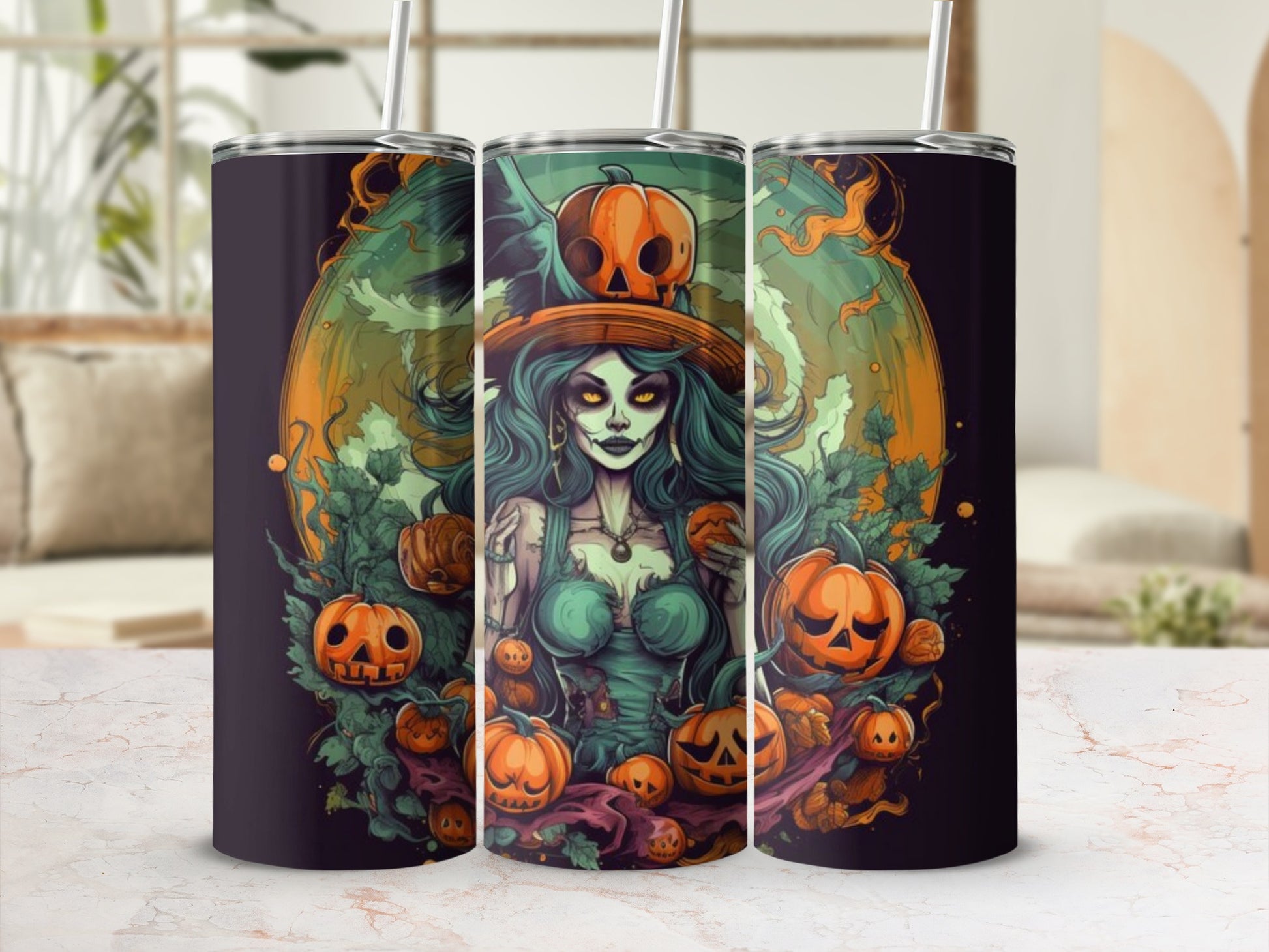Spooky Green Witch and Pumpkins Halloween Tumbler