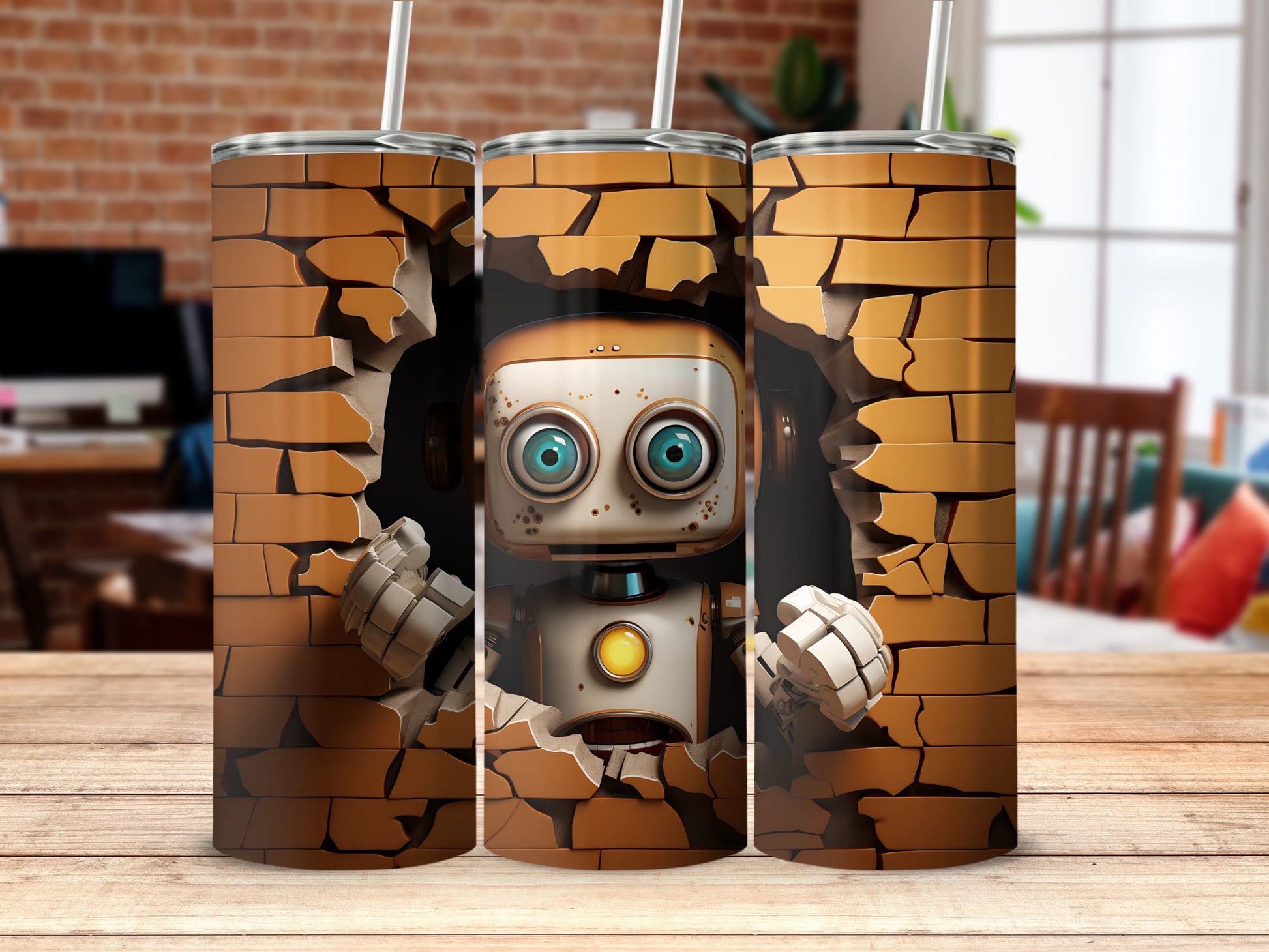 Robot Breaking Through Brick Wall Design Tumbler Product