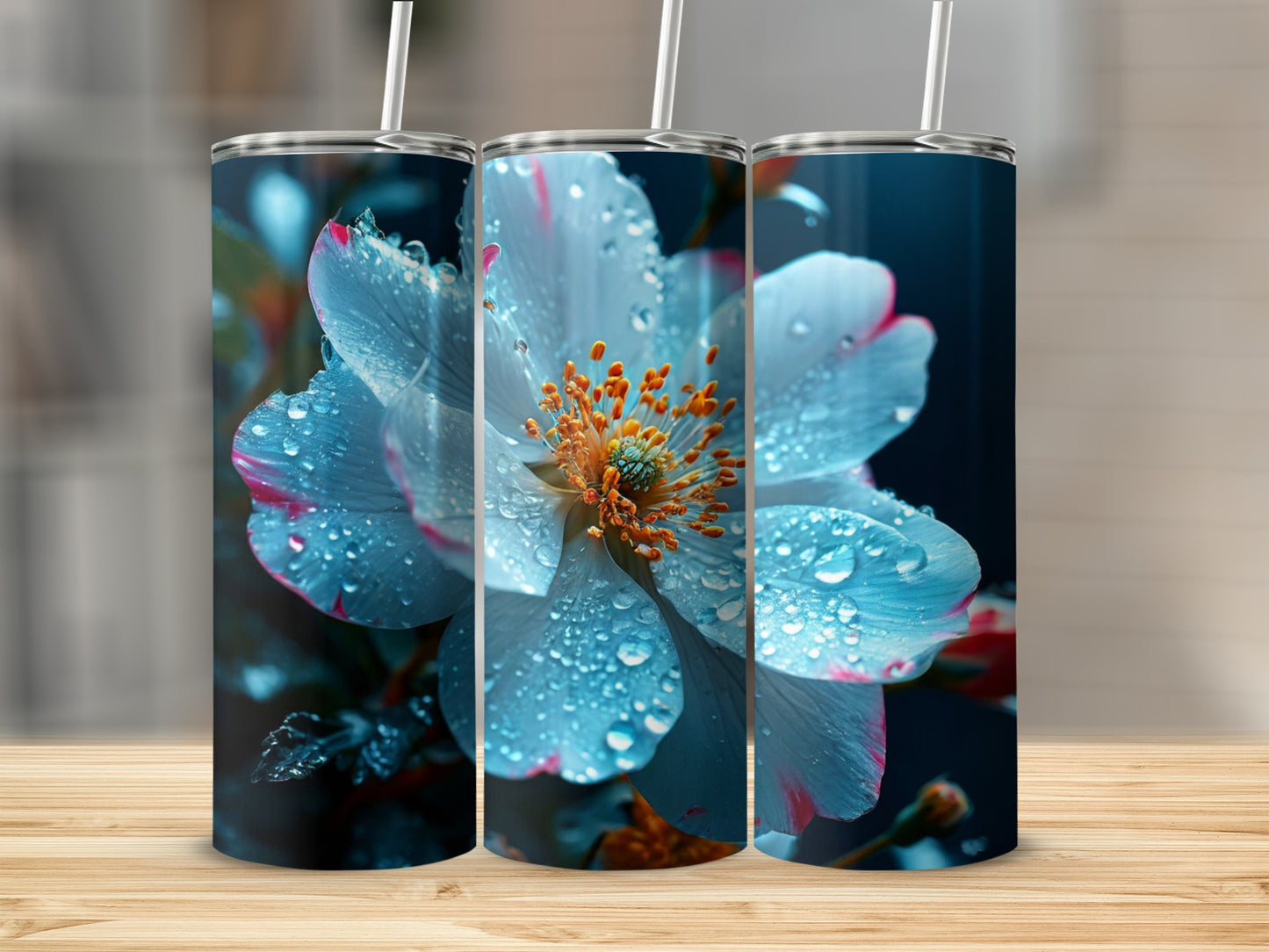 Three tumblers with a close-up of a dew-covered white flower.