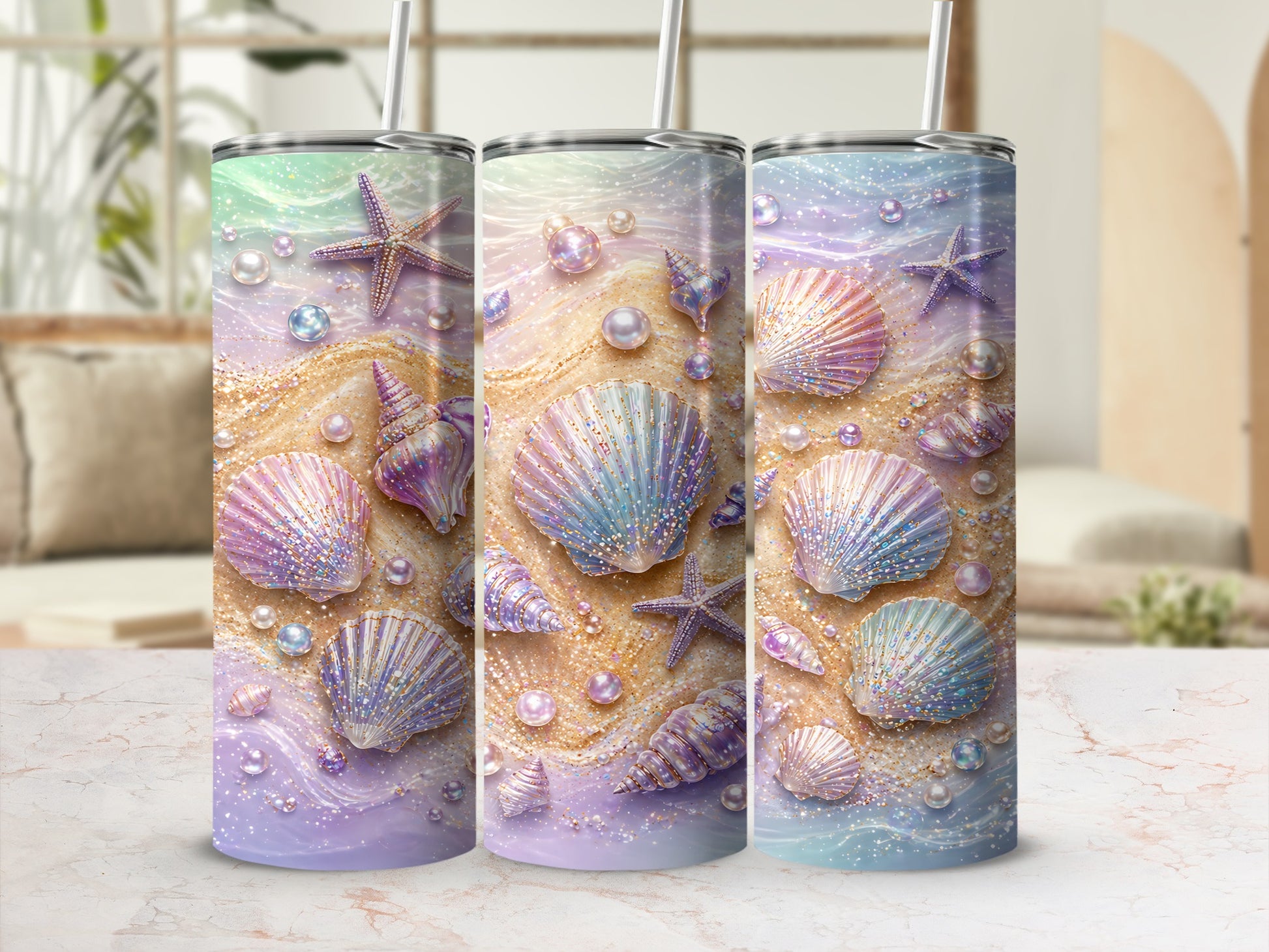 Seashells, starfish, and pearls adorn pastel beach-themed tumbler.
