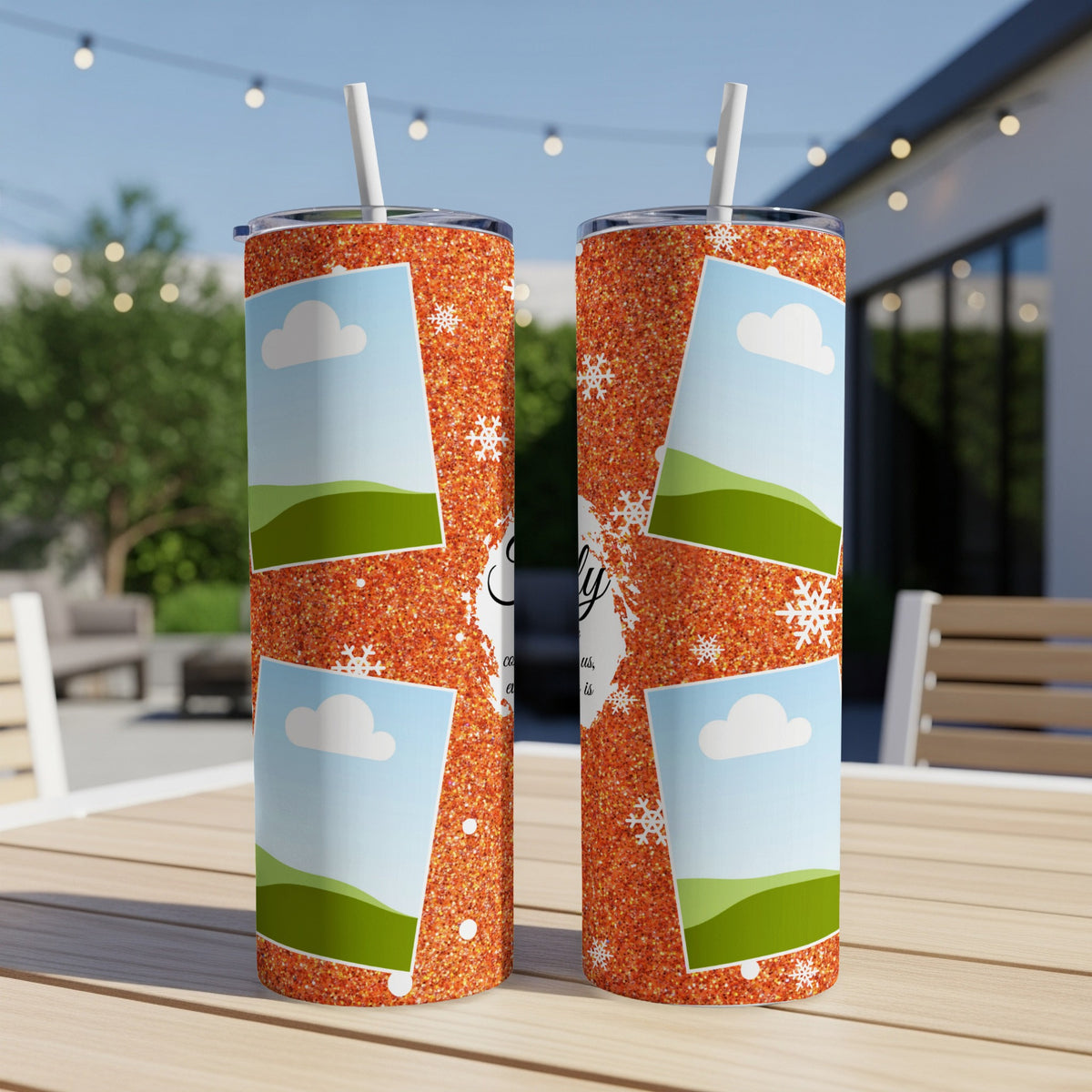 Orange glitter tumblers with photo frames and snowflakes, displaying "Family" text.