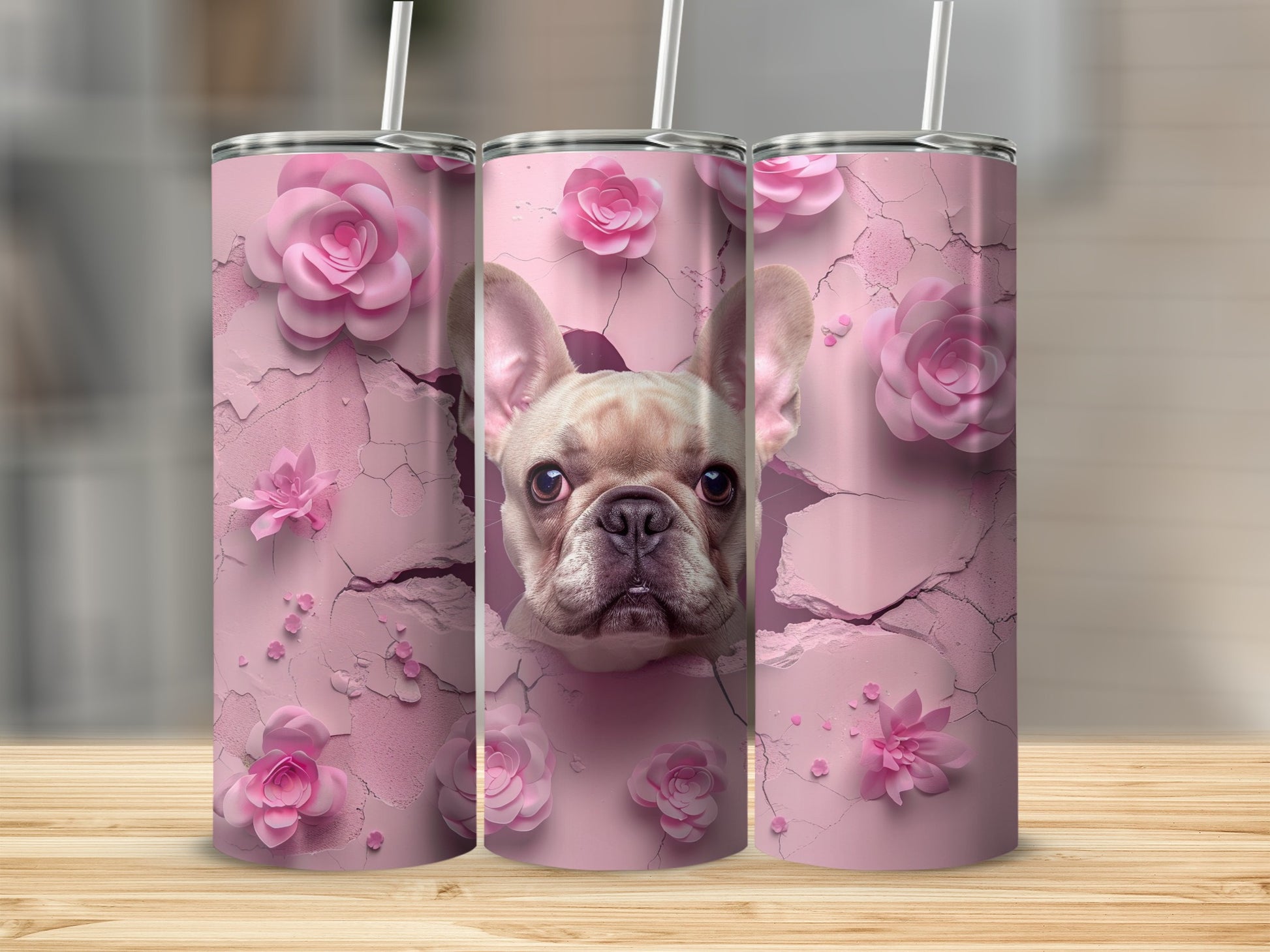 French Bulldog Pink Flowers Cracked Design Tumbler product type