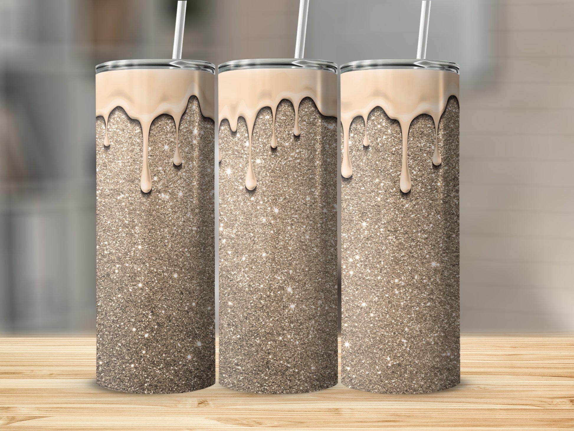 Elegant Champagne Glitter Tumbler with Dripping Effect Design