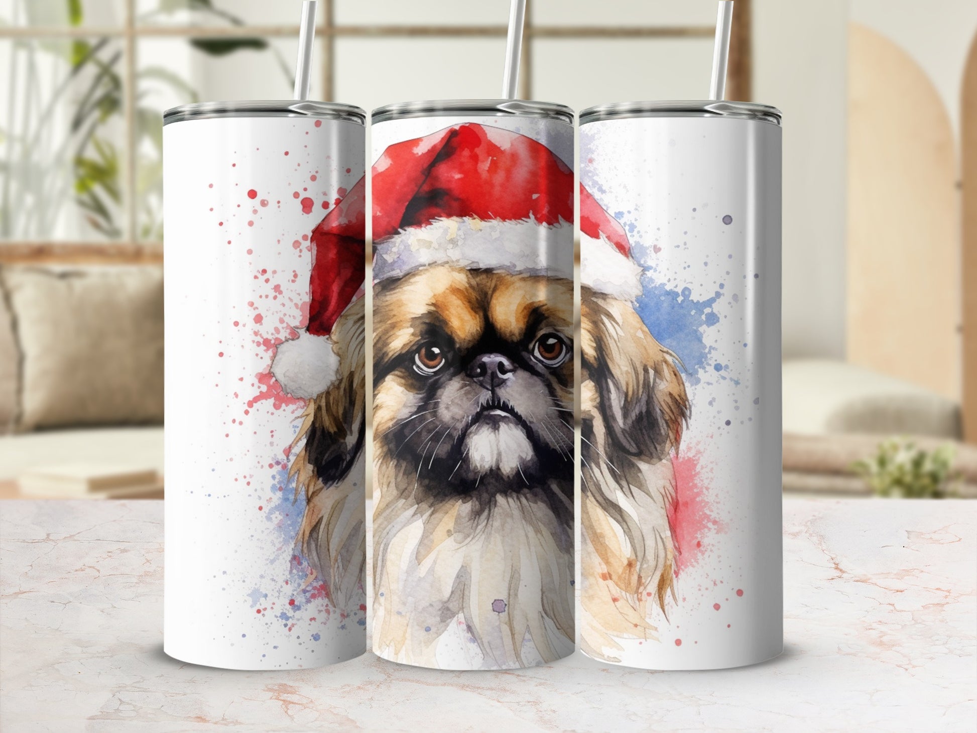 Pekingese dog wearing a Santa hat, watercolor style, on a white tumbler.