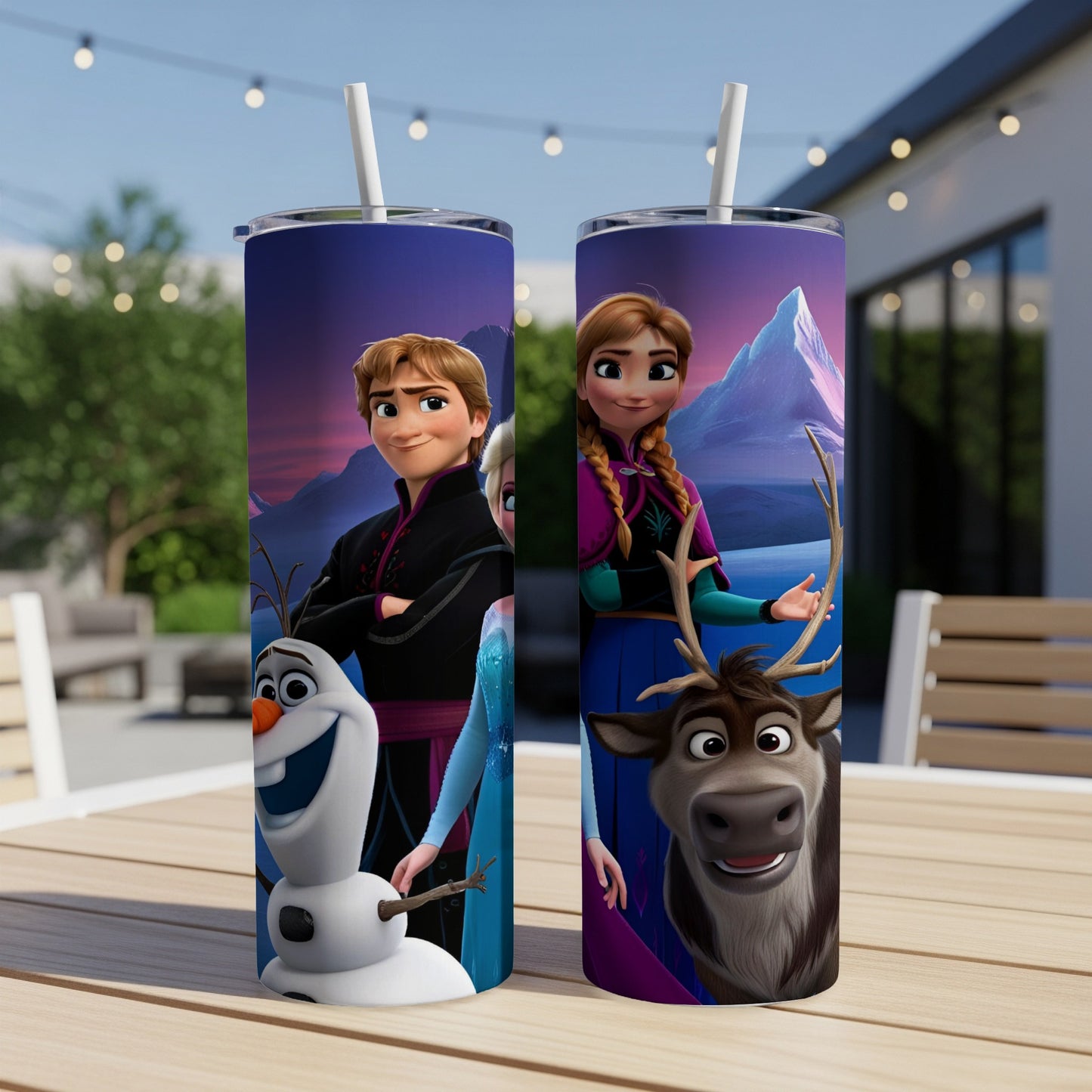 Frozen characters Elsa, Anna, Olaf, and Sven on a tumbler.