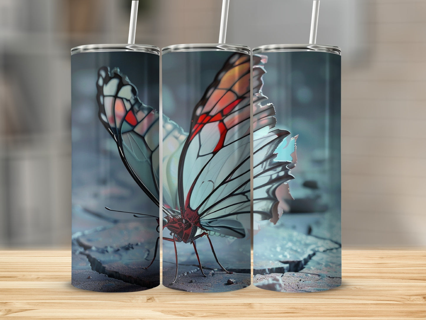 Butterfly design on three clear tumblers with straws, displayed on a wooden surface.