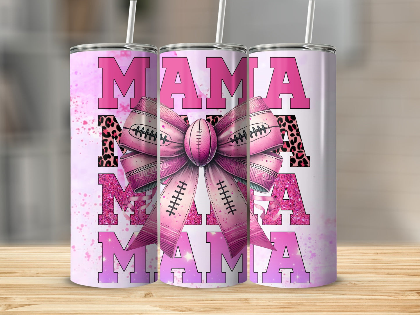 Tumbler with "MAMA" repeated, featuring pink glitter and a football bow.
