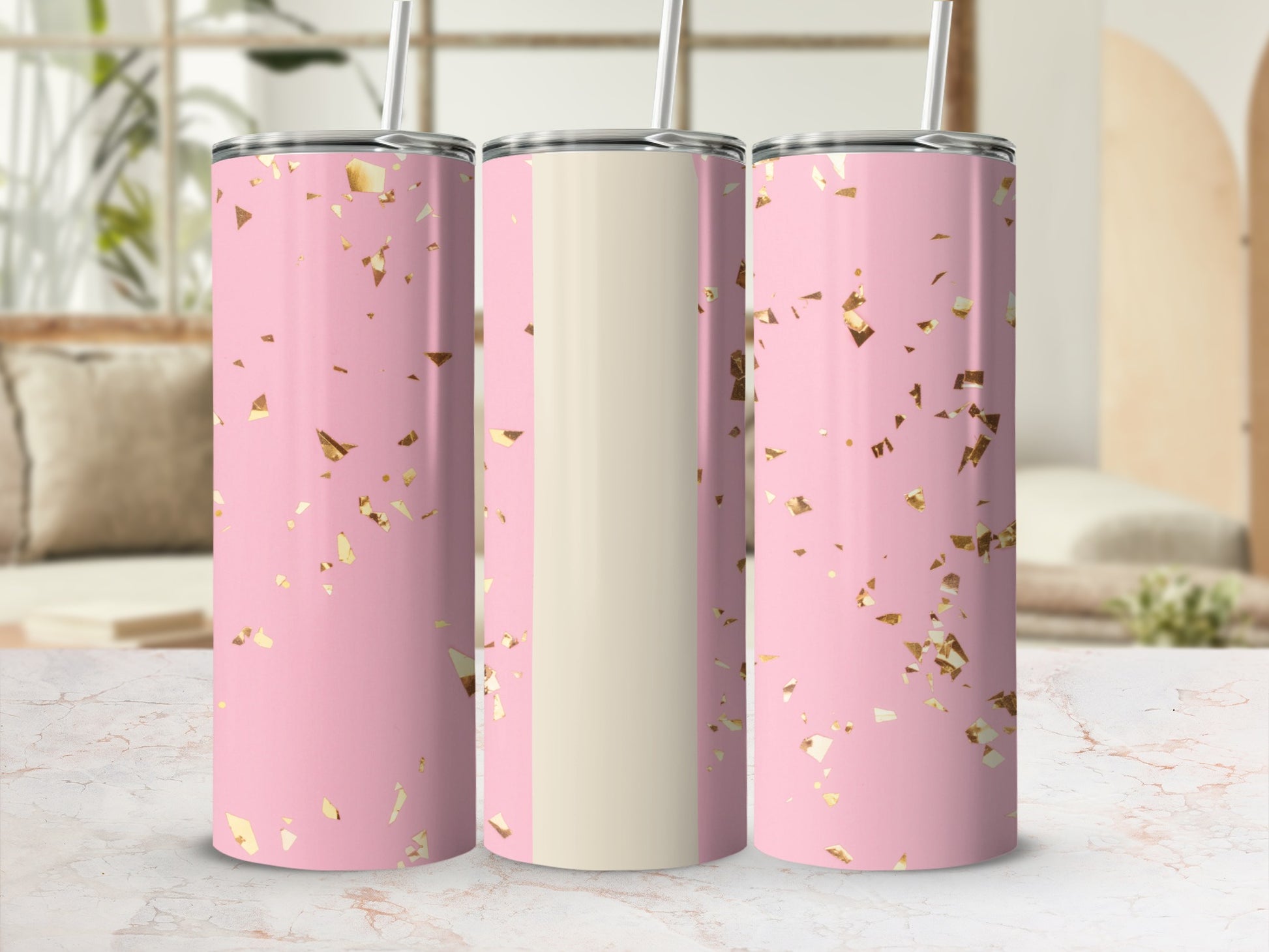 Pink tumbler with gold confetti and a cream stripe.