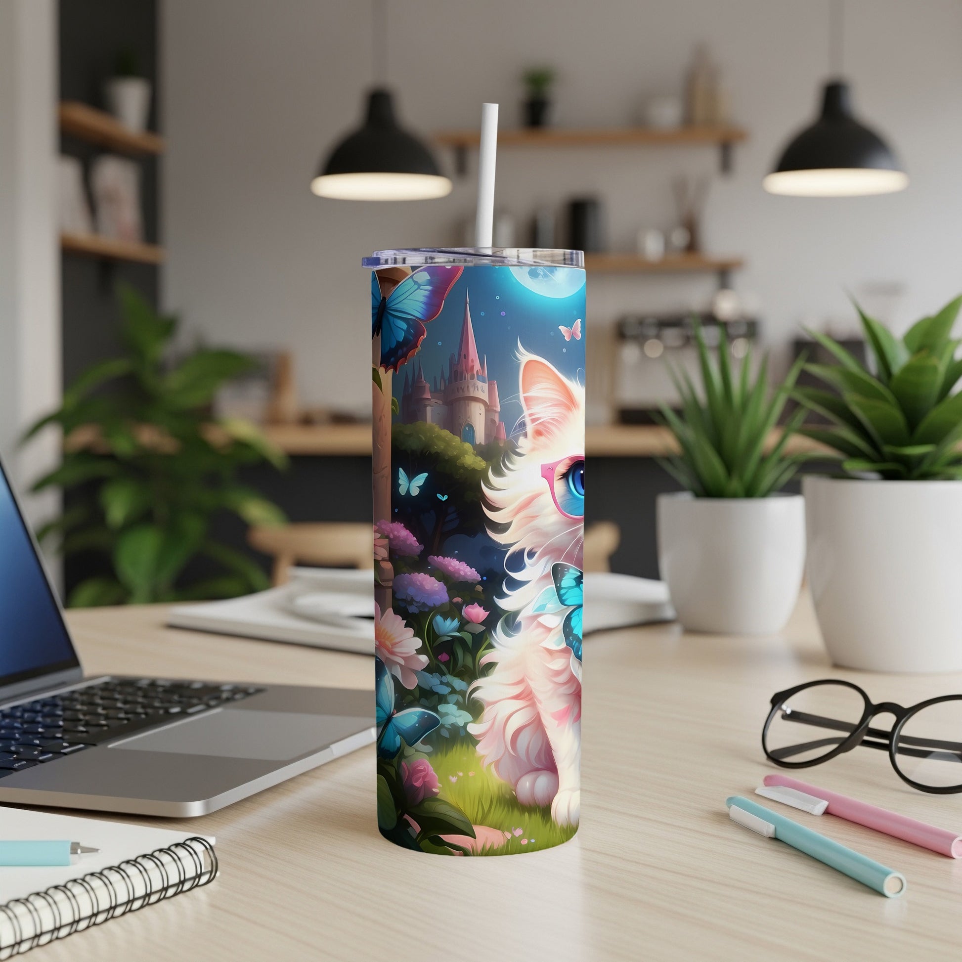 White cat with butterflies and castle on a pink tumbler.