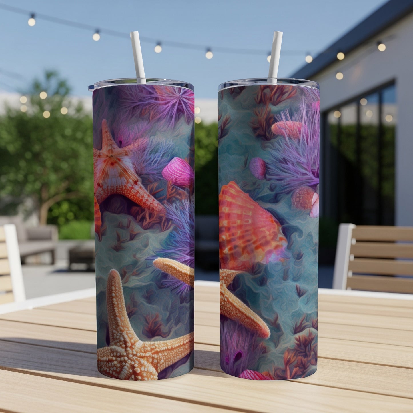 Two tumblers with a colorful coral and starfish underwater scene.