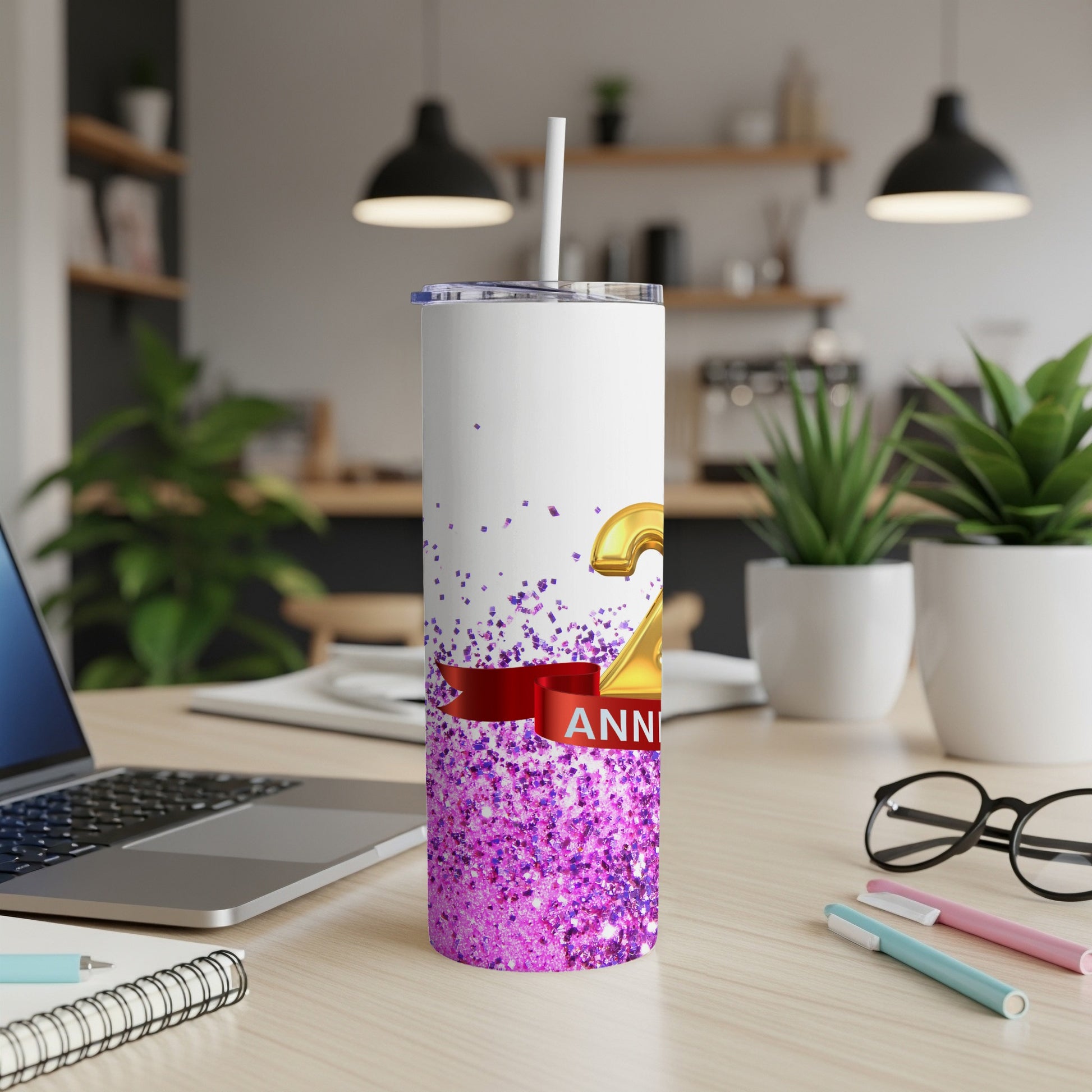 White tumbler with pink glitter and "2nd ANNIVERSARY" text.