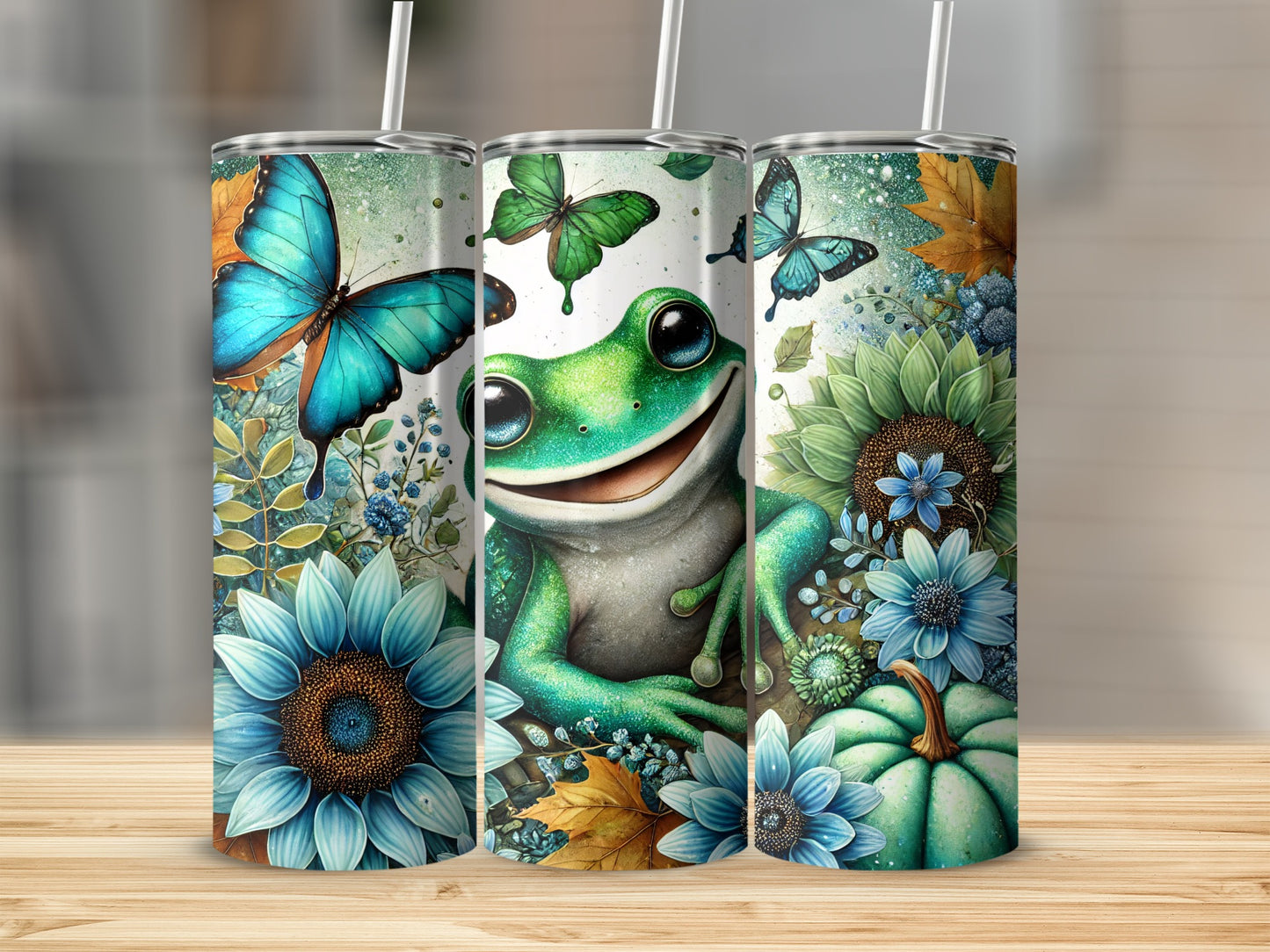 Smiling Frog Blue Butterflies Sunflowers Green Pumpkin product type
