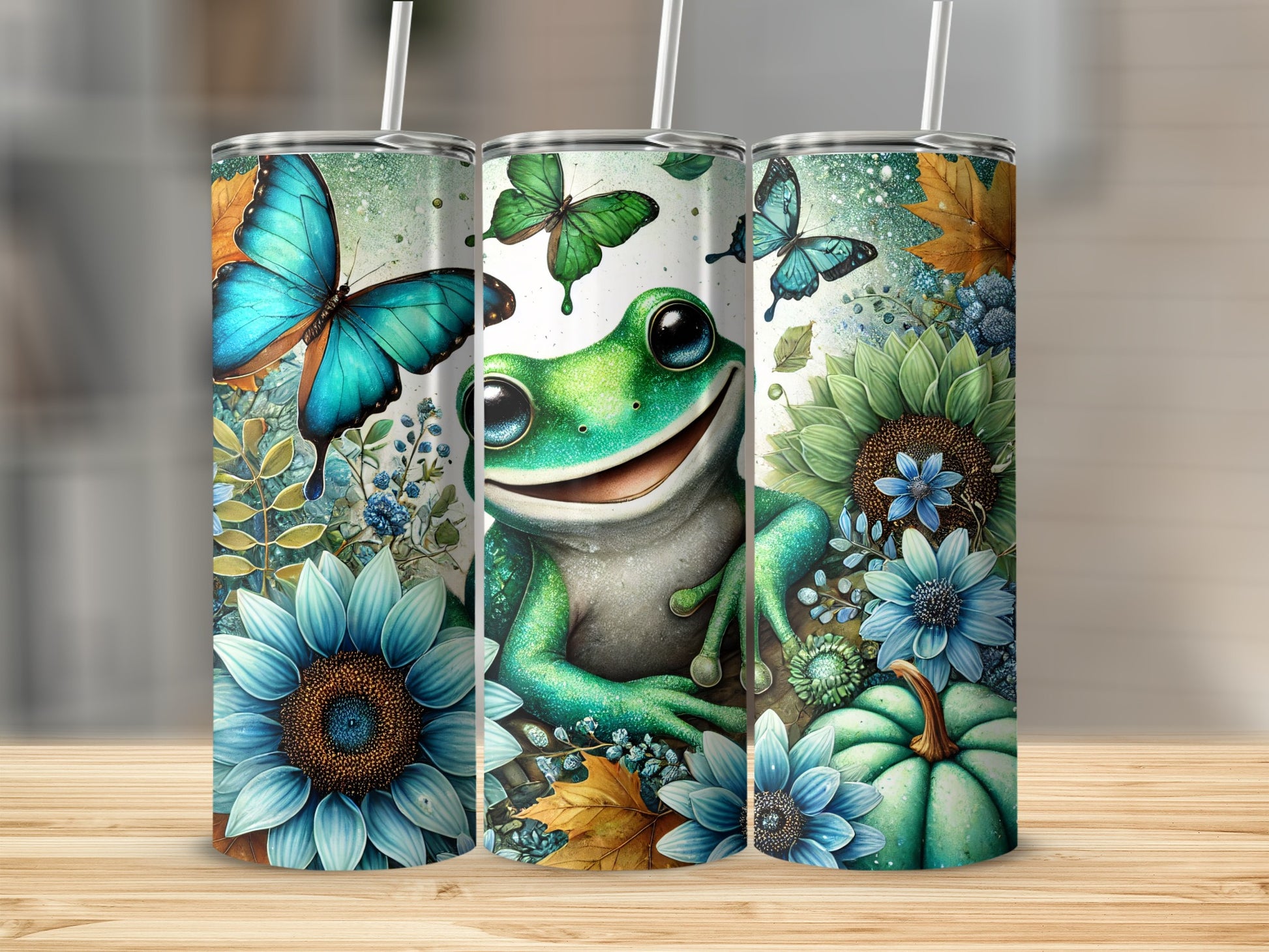 Smiling Frog Blue Butterflies Sunflowers Green Pumpkin product type