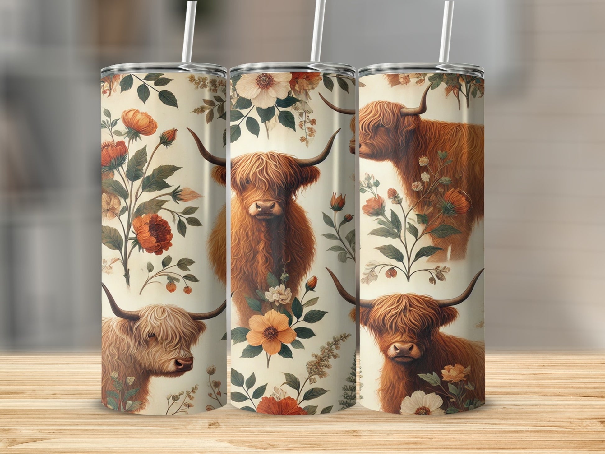 Highland Cattle Floral Print Travel Tumblers