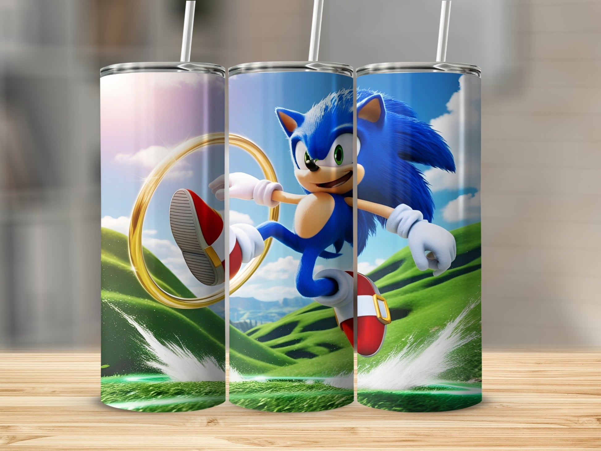 Sonic the Hedgehog running through a green landscape with a golden ring.