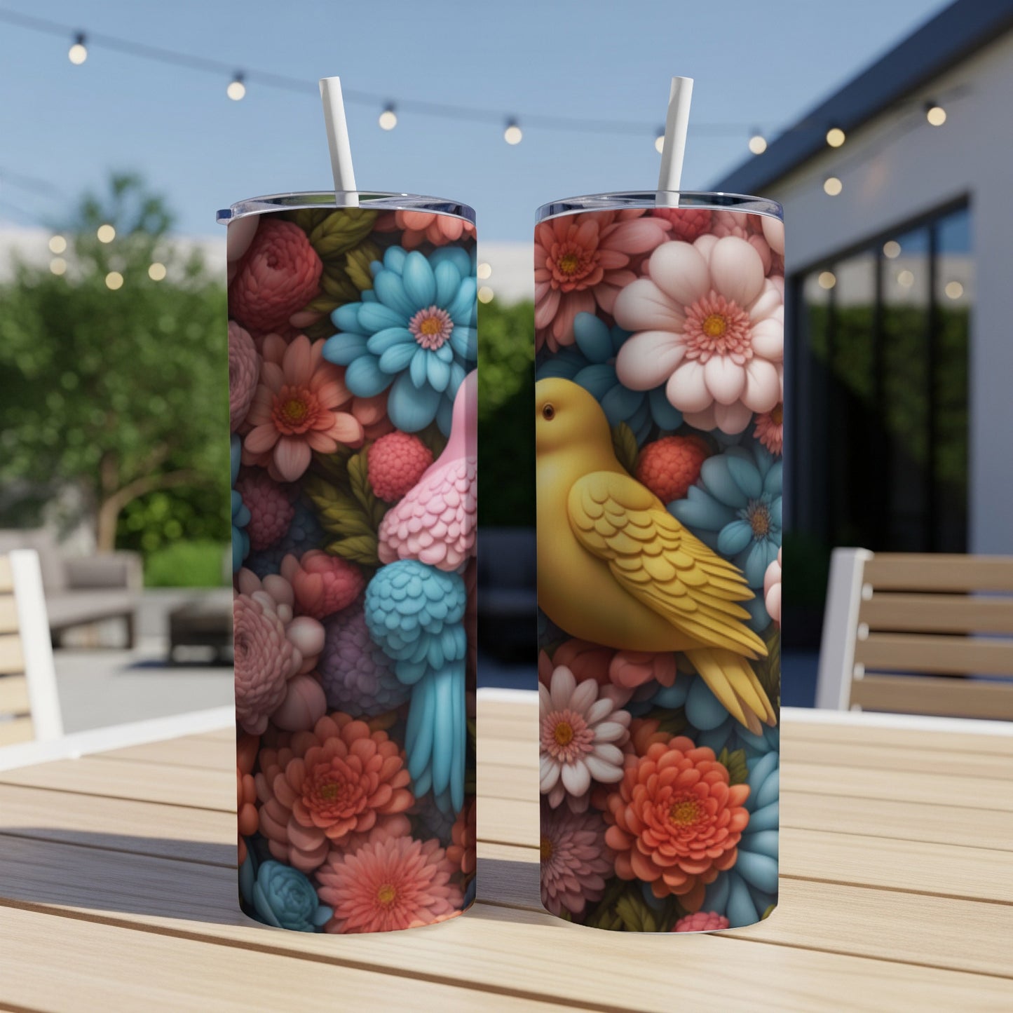 Two tumblers featuring a yellow bird among colorful floral illustrations.
