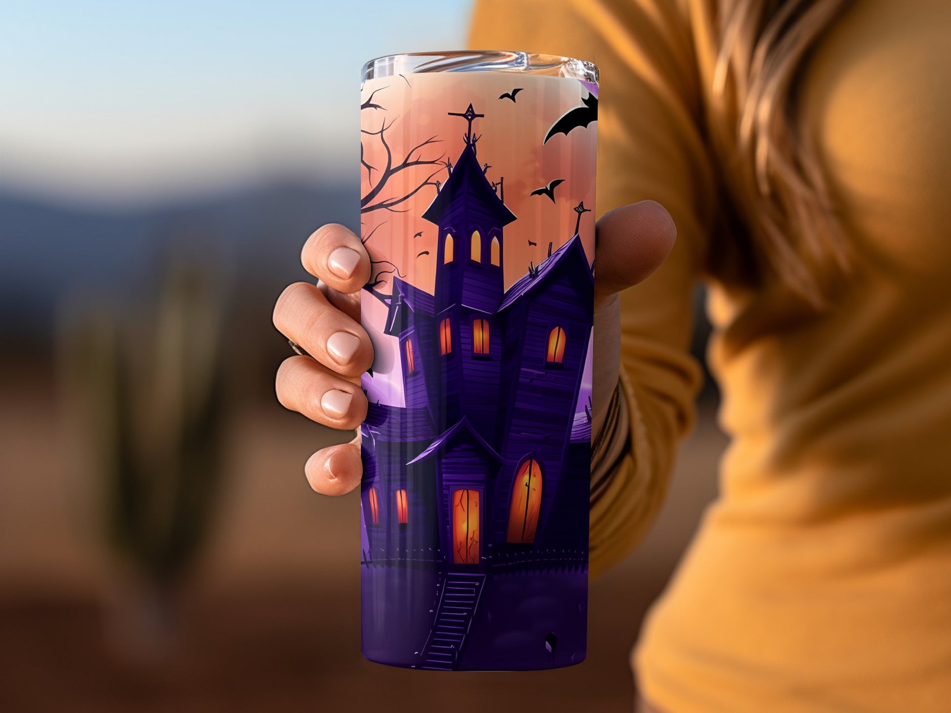 Spooky Haunted House with Bats Design tumbler